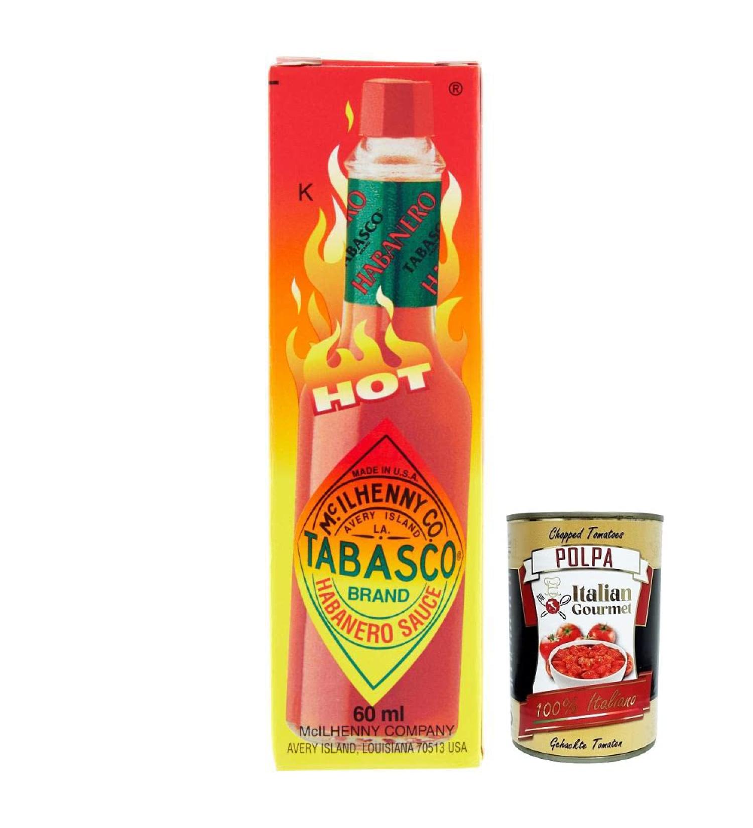 Italian Gourmet E.R. Tabasco Habanero sauce for the sharpest tabasco sauces Habanero chillies are processed 60 ml + Italian gourmet Polpa di Pomodoro 400 g tin - Buy Online on GoSupps.com