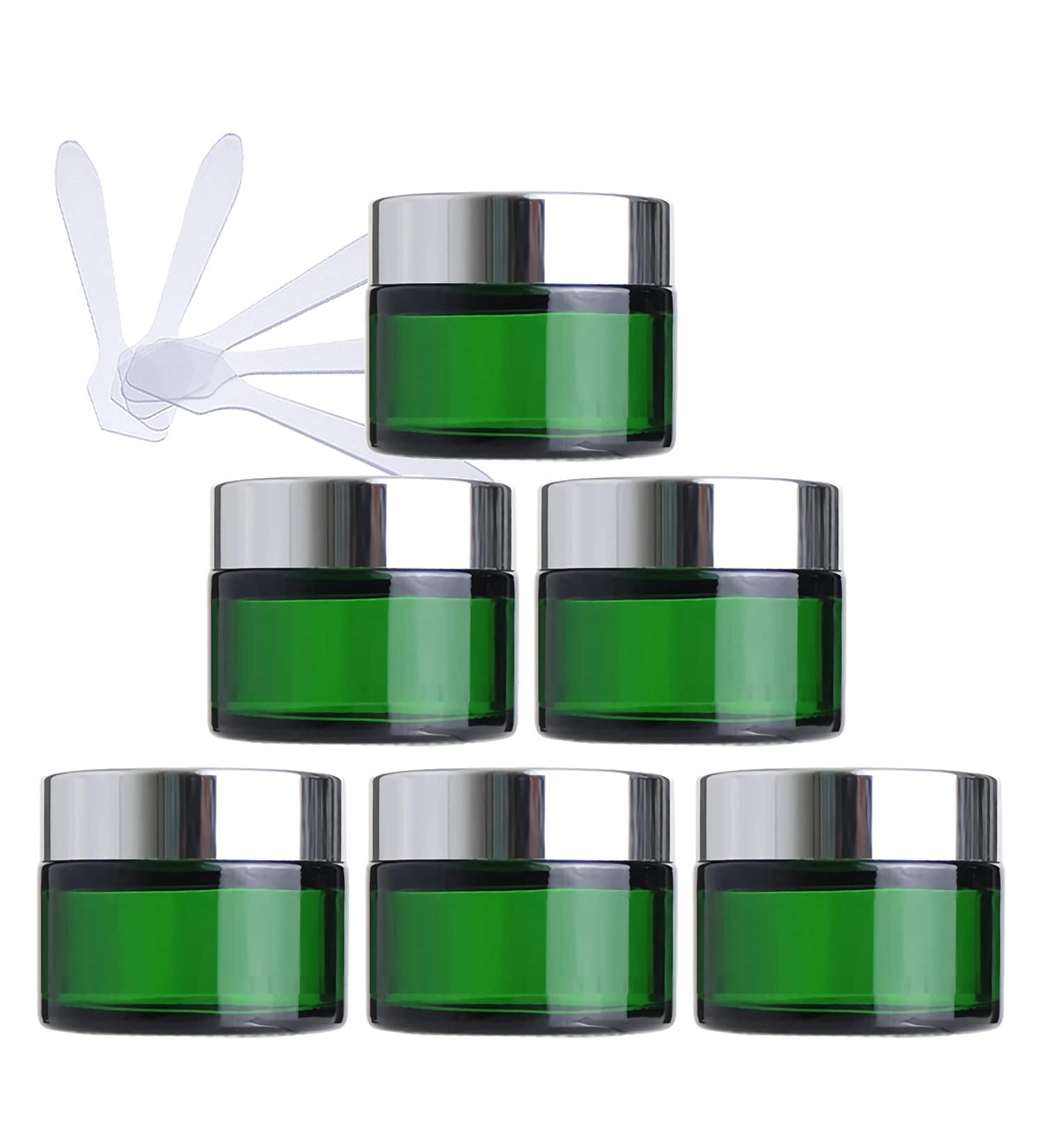 Zeoabsy 6-Piece 50ml Green Glass Cream Box Set with Silver Screw Lid & Spatulas Perfect for Gels Creams & Ointments | International Shipping - Buy Online on GoSupps.com