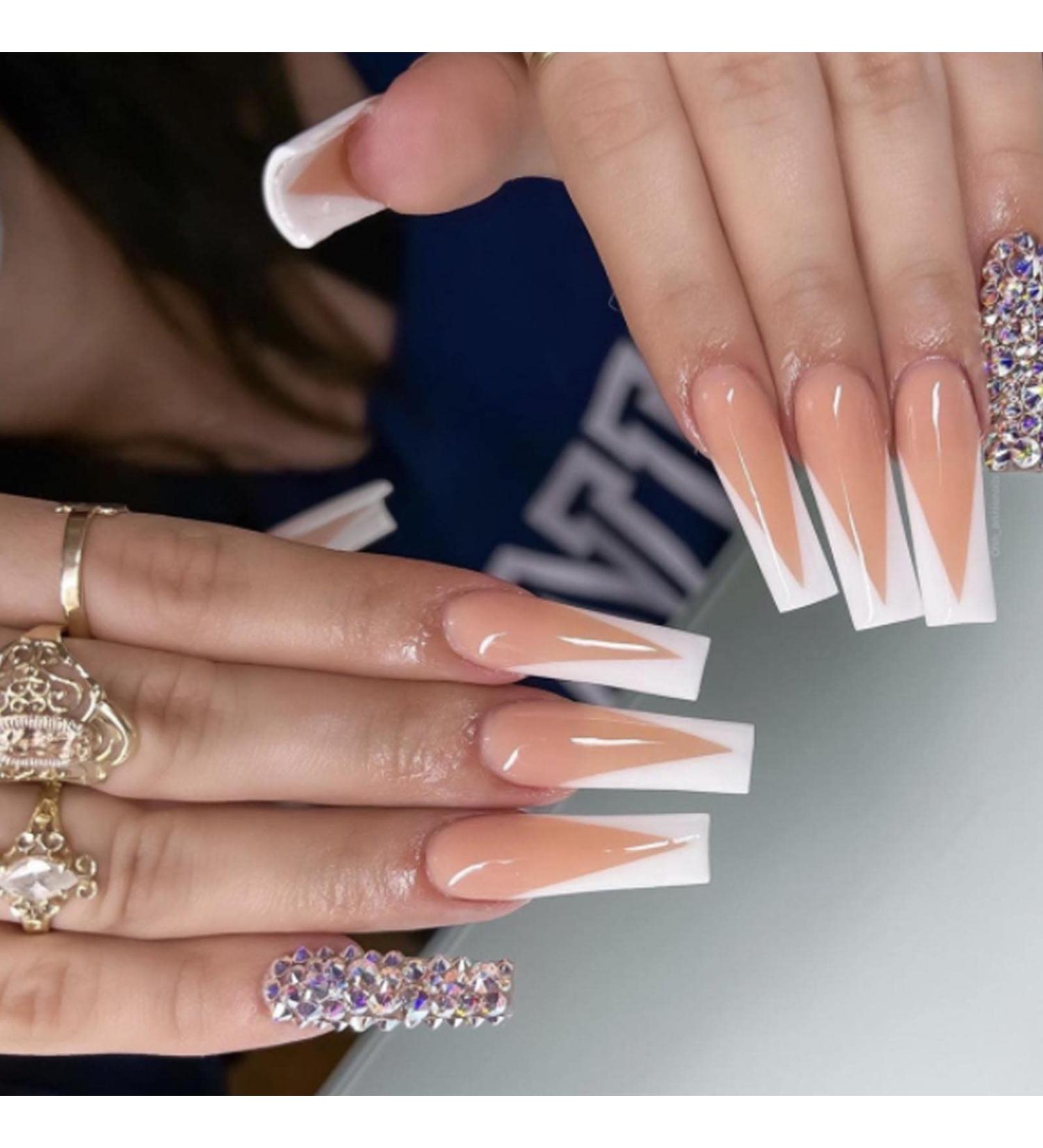 Kamize French Tips Press on Nails - Long White Luxury False Nails - 24PCS Stylish Coffin Ballerina Acrylic Nails for Women and Girls - Buy Online on GoSupps.com