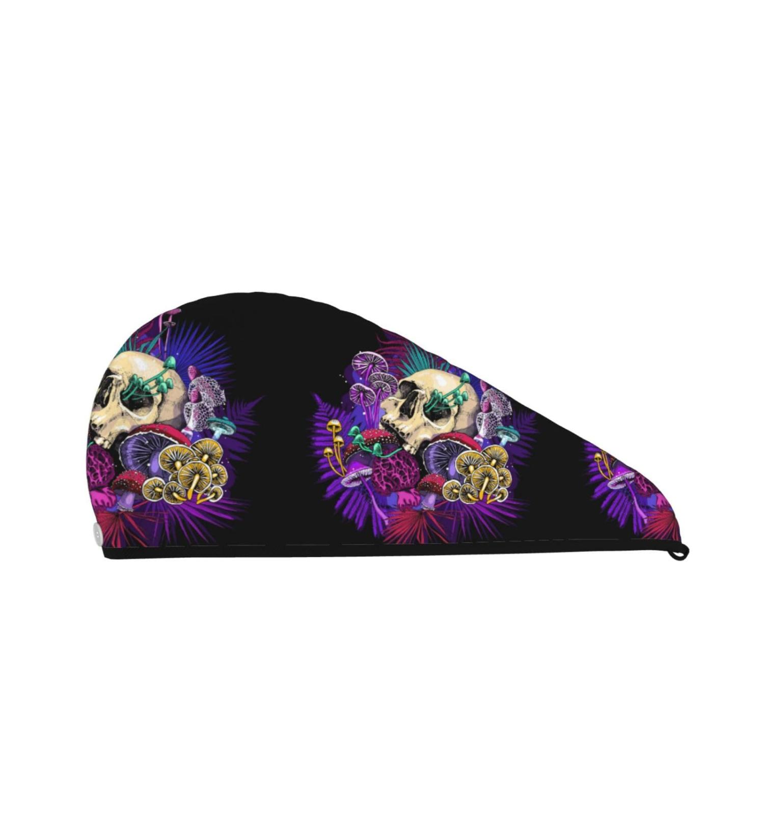 Hair Towel Wrap with Button | Quick-Dry Towel Turban - Mushrooms & Skull Design - Buy Online on GoSupps.com
