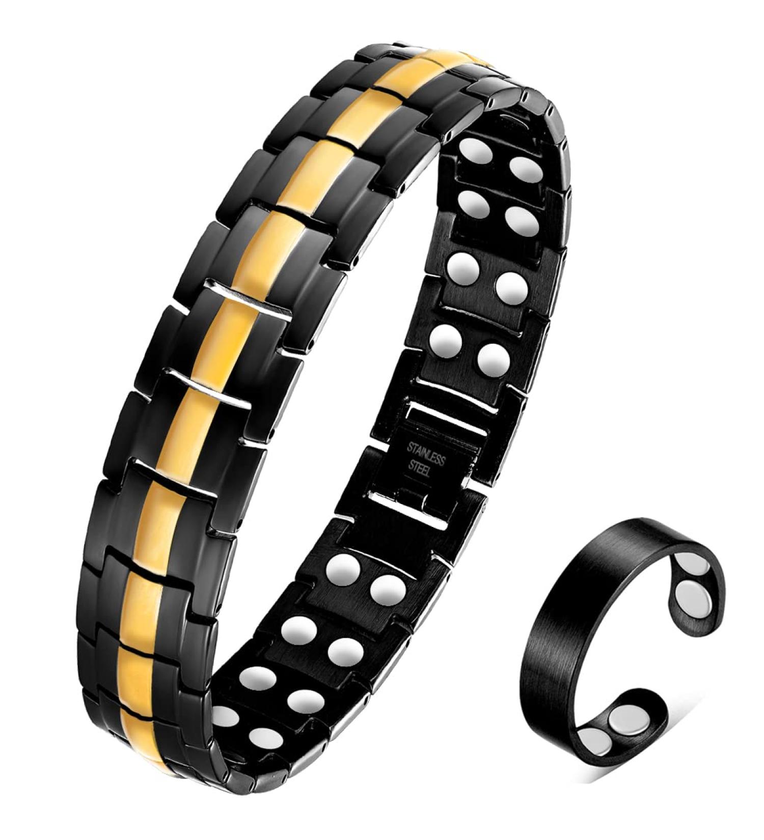 Vicmag Men Magnetic Bracelet - Double Row 3500 Gauss Titanium Steel Wristband in Black Gold Line with Adjustment Tool & Gift Box - Buy Online on GoSupps.com