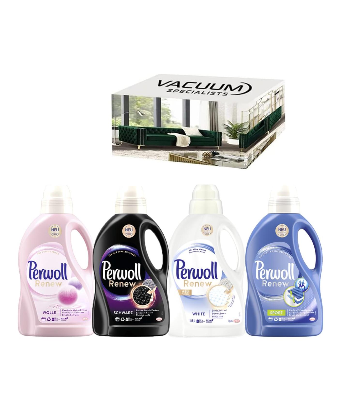 Perwoll Renew Laundry Detergent Combo Set. INCLUDES Perwoll Wool & Delicates Detergent 21 WL Perwoll Renew & Repair Black 24 WL Perwoll Renew & Repair White 24 WL Perwoll Sport 25 WL - Buy Online on GoSupps.com