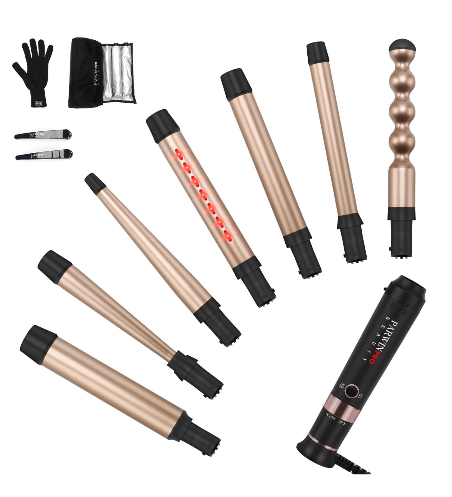 PARWIN PRO BEAUTY 7-in-1 Curling Iron Wand Set - Interchangeable Ceramic Barrels Infrared Technology Dual Voltage Auto Shut Off Perfect Curls Worldwide - Buy Online on GoSupps.com