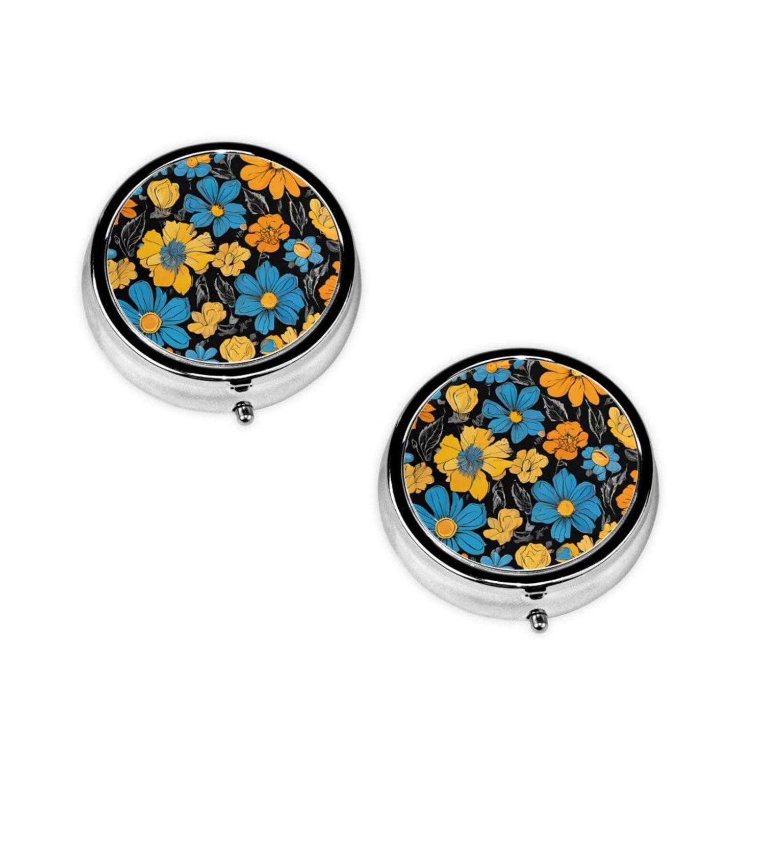 Hippie Pattern Round Pill Box - 3 Compartment Mini Travel Medicine Organizer & Decorative Pocket Purse for Vitamins & Tablets - Buy Online on GoSupps.com