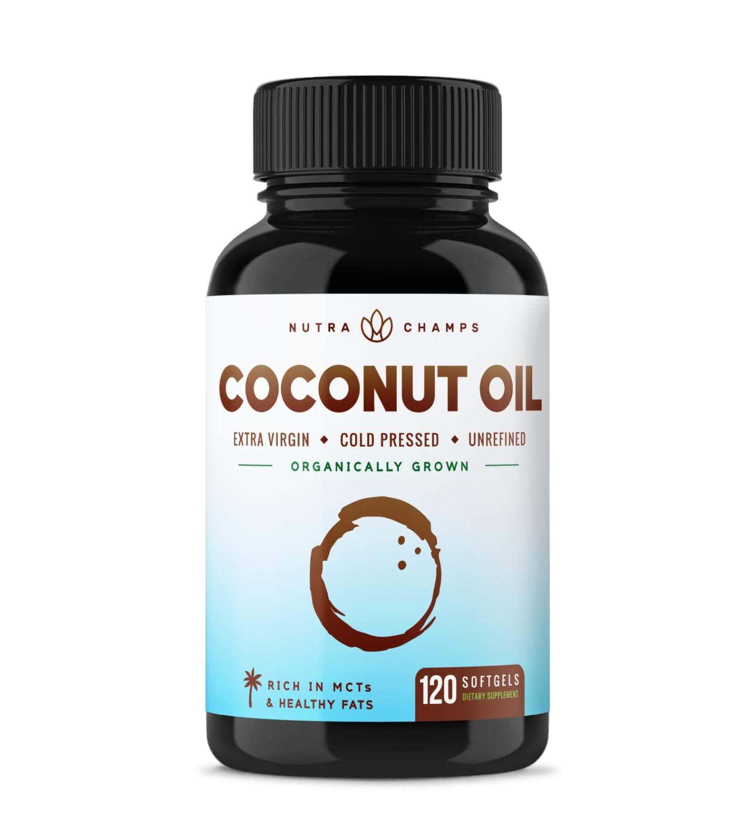 Organic Coconut Oil Capsules 2000mg - 120 Softgels | Extra Virgin, Unrefined, Cold Pressed | Rich in MCT & MCFA for Weight Loss, Hair, Skin, Nails, Heart & Brain Health - Buy Online on GoSupps.com