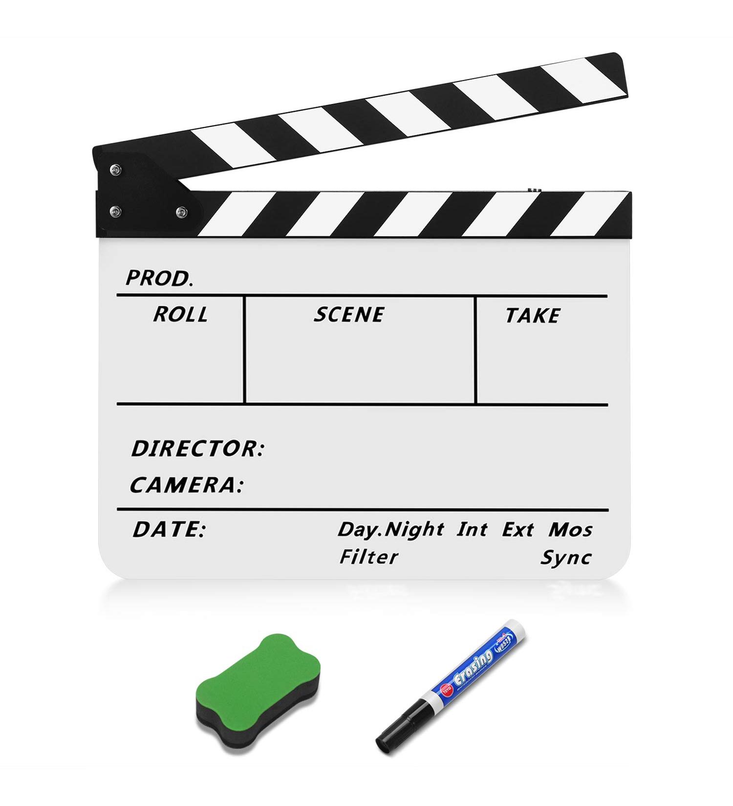 Flexzion Director Clapboard 10x12 Acrylic Plastic Film Movie Slate Board with Black/White Sticks - Camera TV Video Cut Action Scene - Dry Erase Stadio - Best Quality - Buy Online on GoSupps.com