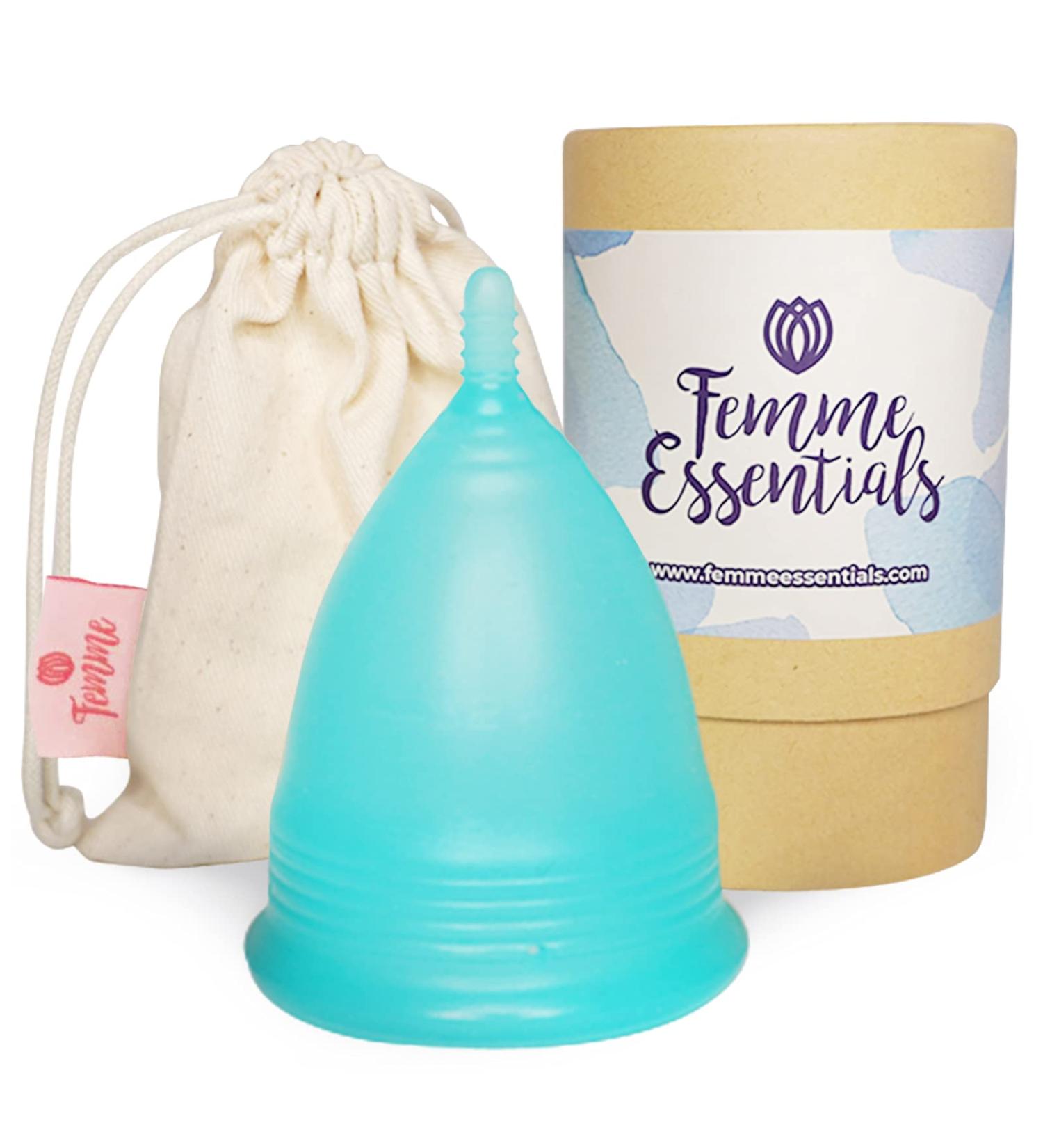 Femme Essentials Menstrual Cup - Discreet & Hygienic Medical Silicone - Includes Satin Bag & German Manual - Blue (1 Pack) - Buy Online on GoSupps.com