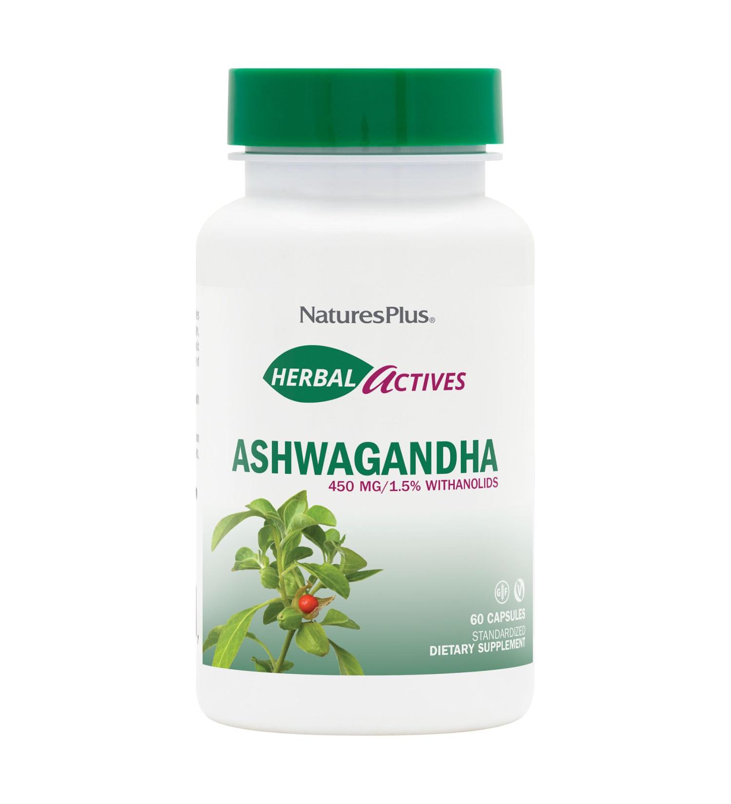 NaturesPlus Herbal Actives Ashwagandha 450 mg - 60 Vegetarian Capsules - Prescription Quality - Gluten Free - 60 Servings - Buy Online on GoSupps.com