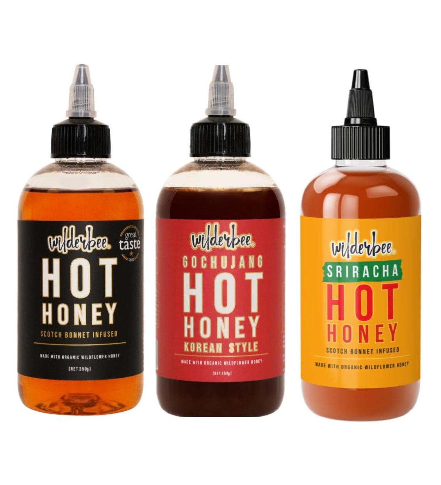 Wilderbee - Hot Honey Triple Gift Pack - Gochujang Korean Style - Sriracha - Scotch Bonnet - 3 x 350g Wilderbee - Hot Honey - Gochujang Korean Style Sriracha Scotch Bonnet - 3 x 350g 3 x 350g