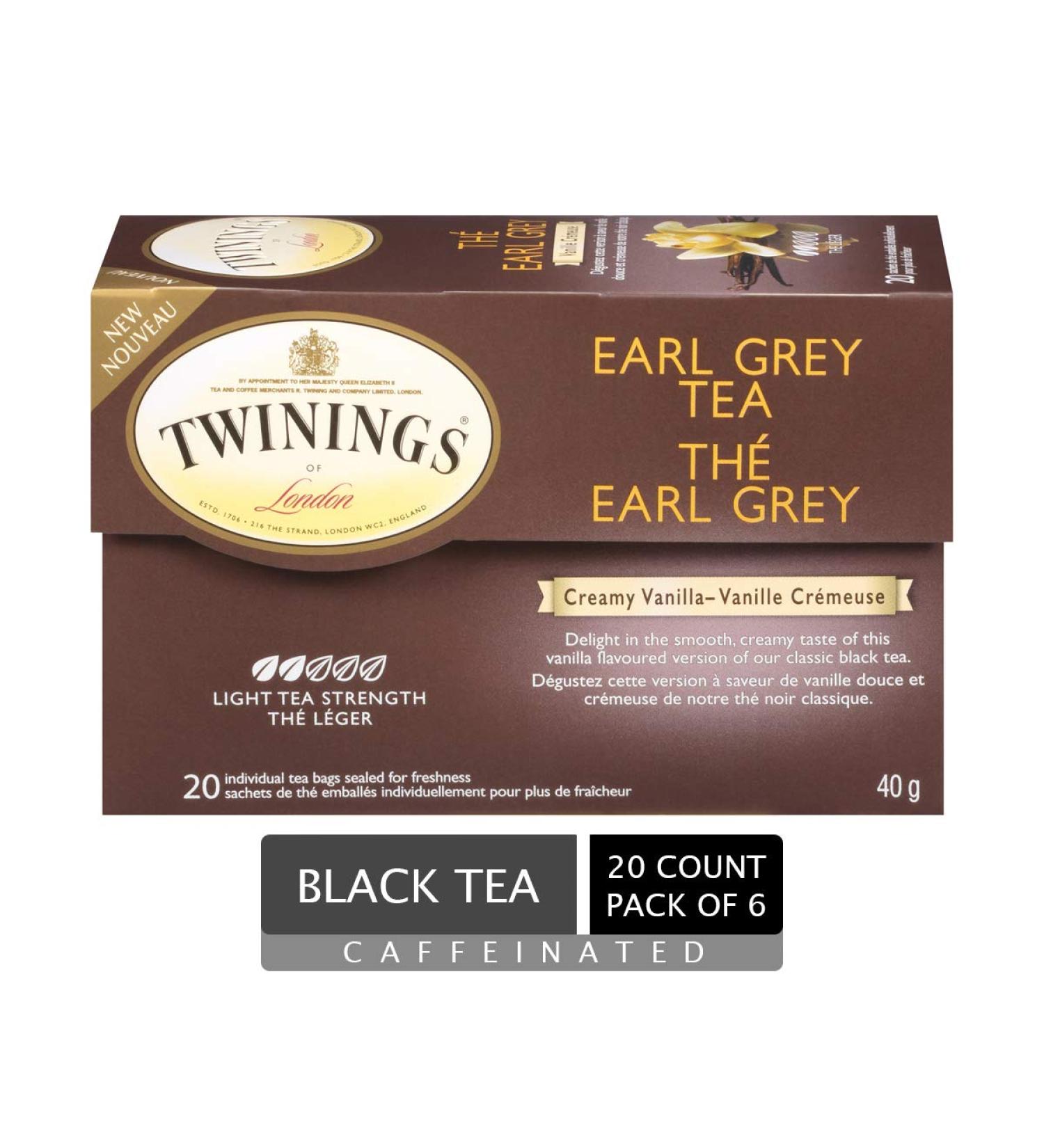 Twinings Earl Grey Creamy Vanilla Individually Wrapped Tea Bags | Black Tea with Vanilla & Bergamot Citrus | 20 Count (Pack of 6) | Enjoy Hot or Iced Earl Grey Creamy Vanilla 20 Count (Pack of 6) - Buy Online on GoSupps.com