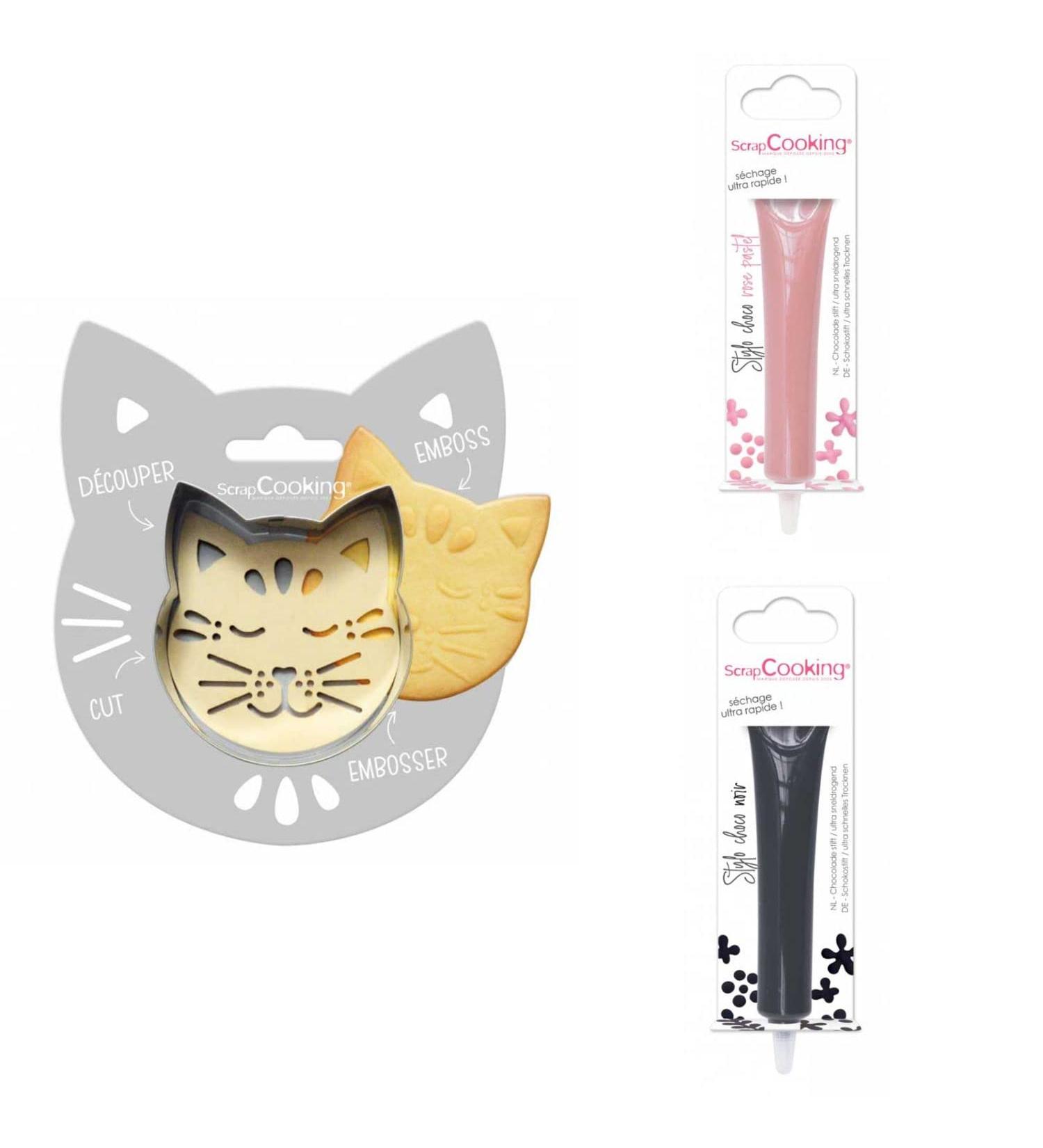ScrapCooking Cat embossing cookie kit + 2 pastel pink and black chocolate pens