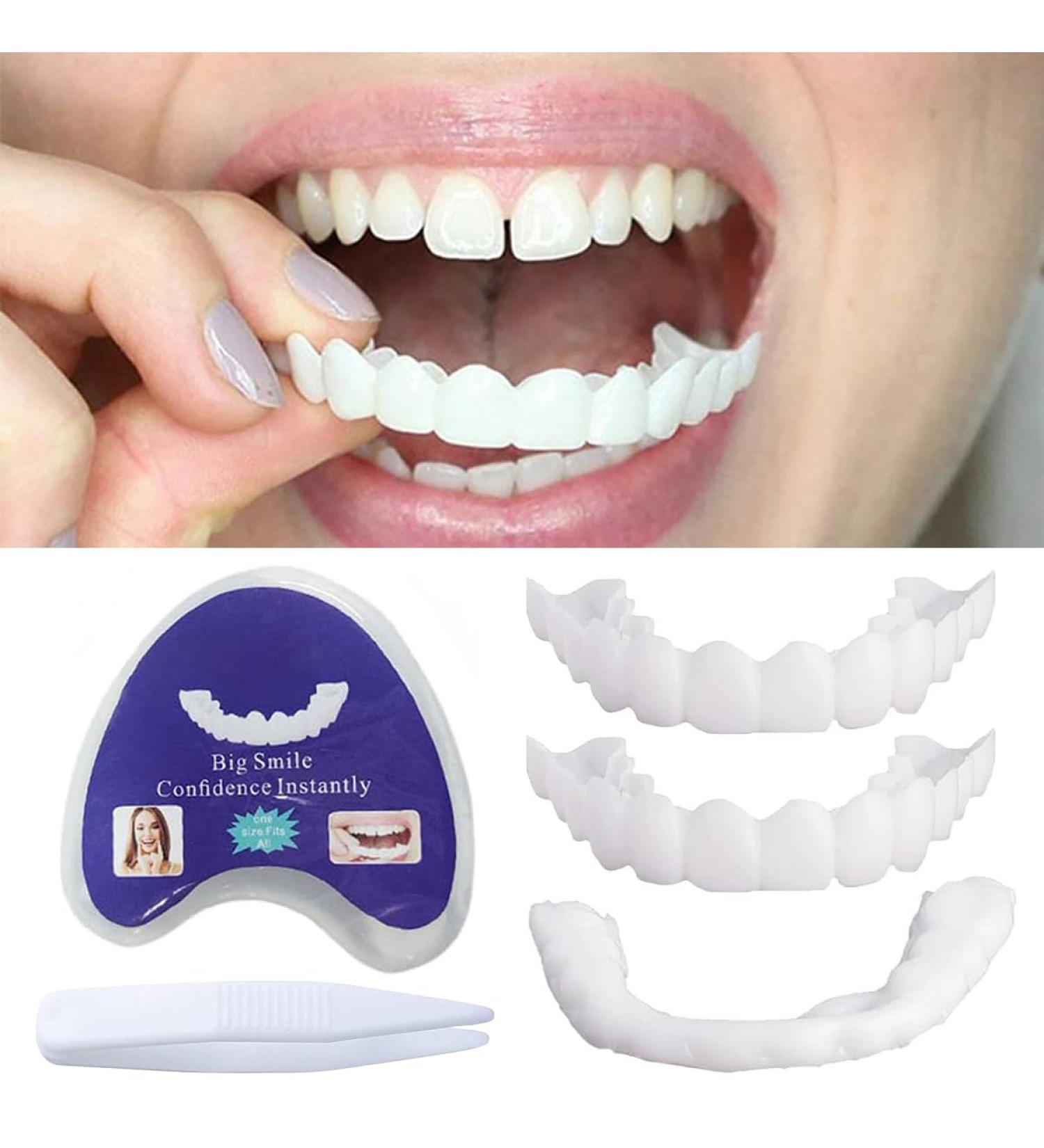 Dazzluxe 2-Piece Adjustable Tooth Veneers - DIY Cosmetic Teeth for a Confident Smile | Artificial Top & Bottom Dentures with Tweezers - Buy Online on GoSupps.com