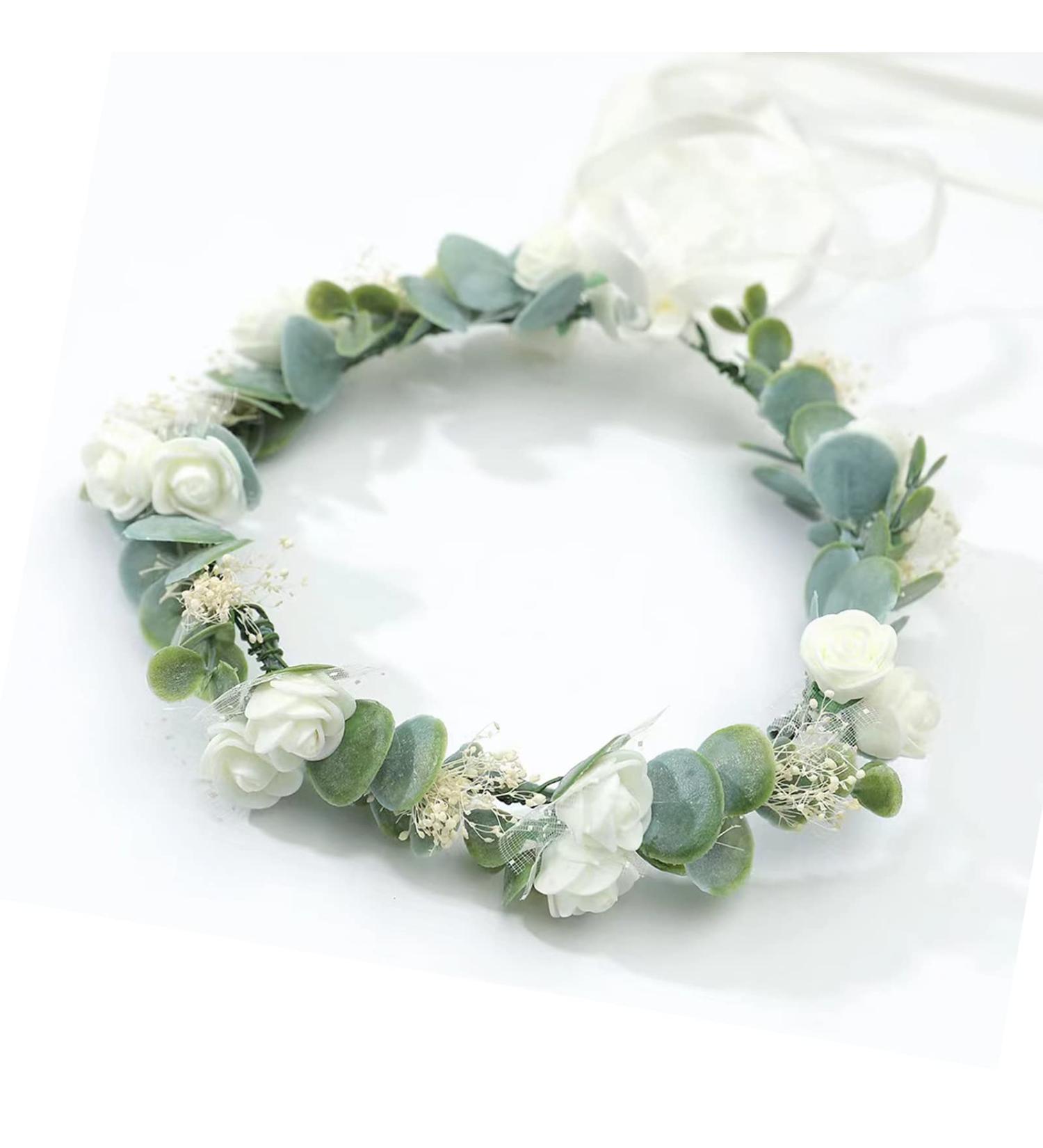 UKYLIN Flower Crown for Girls - Green & White Floral Headband for Wedding, Baby Shower, Photos & Fancy Gala Style - Buy Online on GoSupps.com