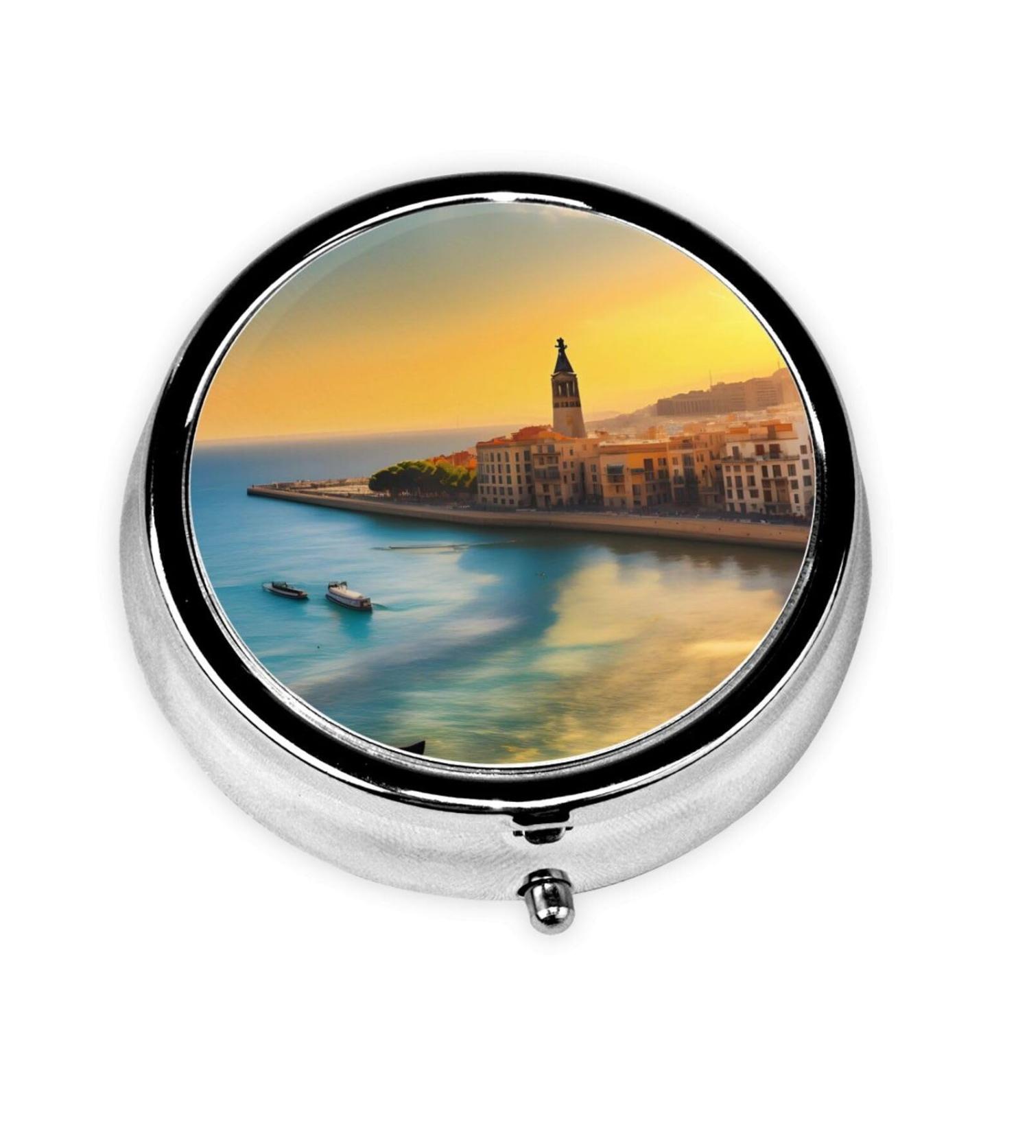 Buy Sunset in Barcelona Round Pill Box Organizer - 3 Compartments for Travel & Daily Use - Portable Design for Purse & Pocket - Buy Online on GoSupps.com