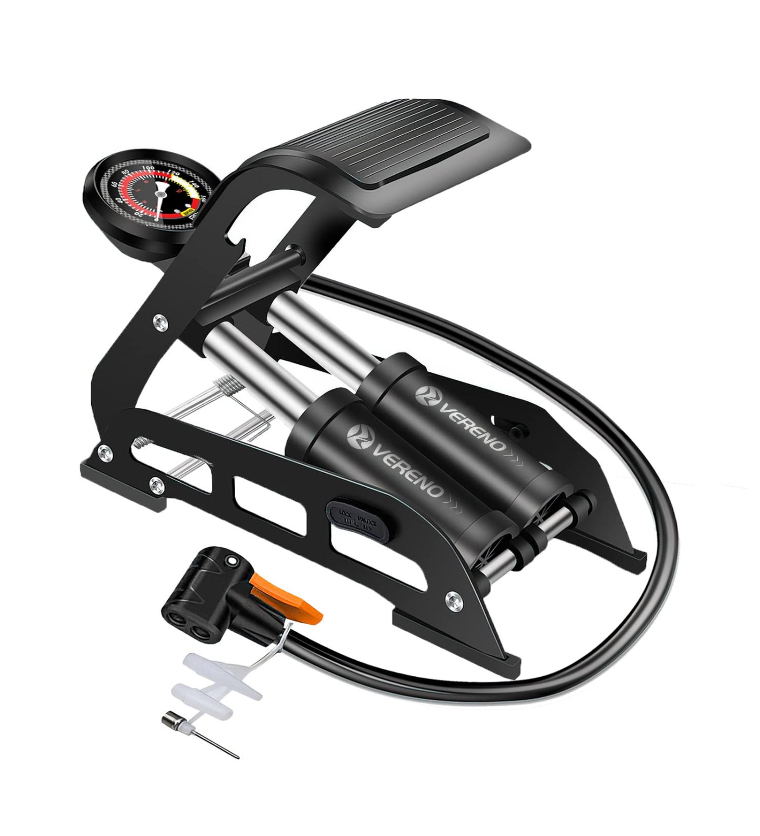 VERENO Bike Floor Pump with 160PSI Gauge | Portable Bicycle Inflator for Presta, Schrader, and Deutschland Valve | Double Cylinder Air Pump for Bike, Ball, Car, and Toys - Black - Buy Online on GoSupps.com
