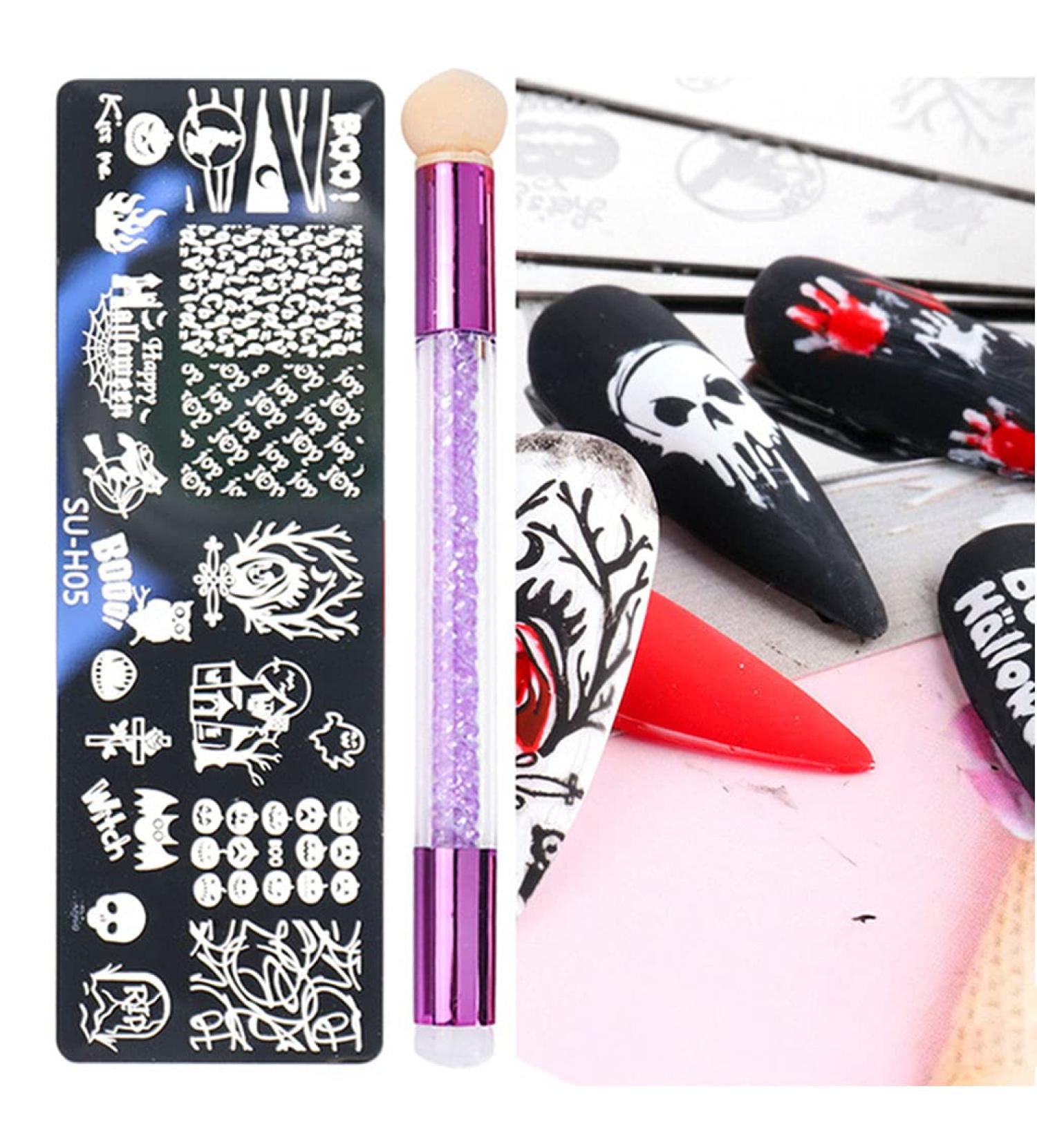 healthGUO Nail Art Stamping Plate Stamper Sponge Pen Halloween Pumpkin Bats Image Nail Polish Template Stamp Stencil Tools Kit 5 - Buy Online on GoSupps.com