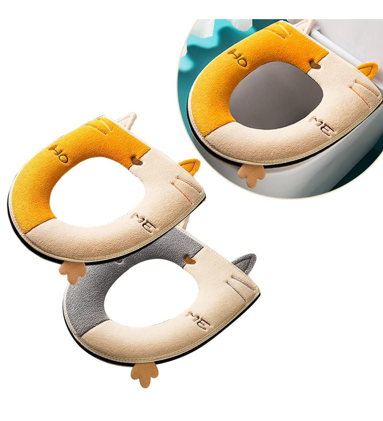 Warm Toilet Seat Covers 2PCS with Zipper Lid Lifter Handle Cat Cartoon Design - Washable & Reusable Toilet Seat Mats in Cat-yellow Grey - Buy Online on GoSupps.com