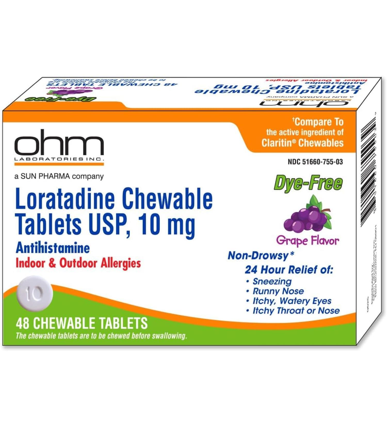 Ohm Loratadine 10mg Chewable Tablets Non-Drowsy Antihistamine for Indoor & Outdoor Allergies | Grape Flavor Dye-Free Allergy Relief (Large 48 Count) Large 48