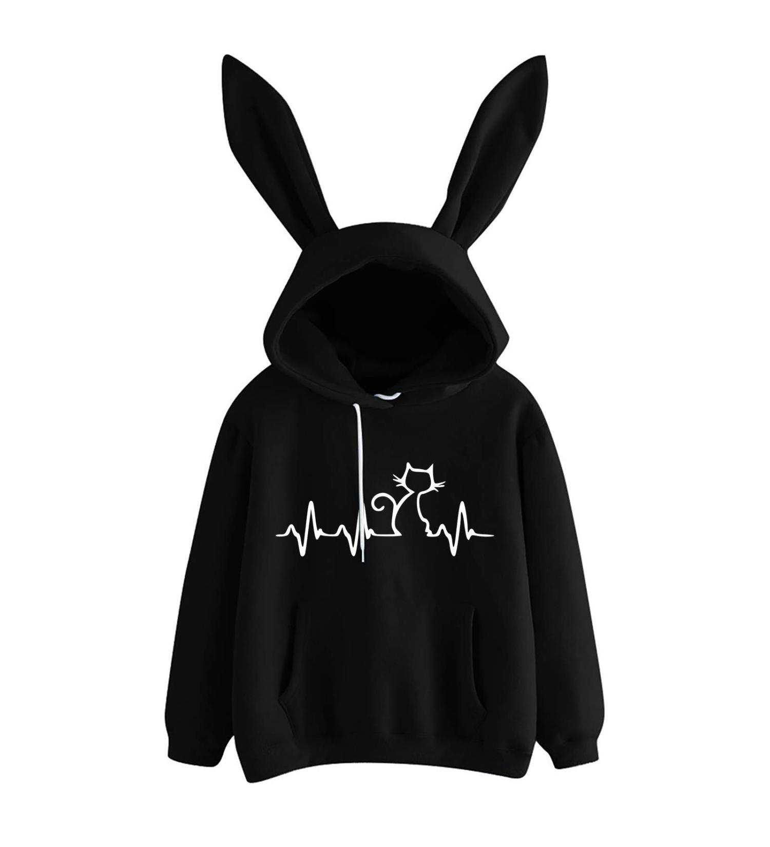 Geilisungren Women's Cute Rabbit Ear Hoodie Coat - Warm Cat Printed Sweatshirt Long-Sleeved Pocket Blouse Black - Buy Online on GoSupps.com