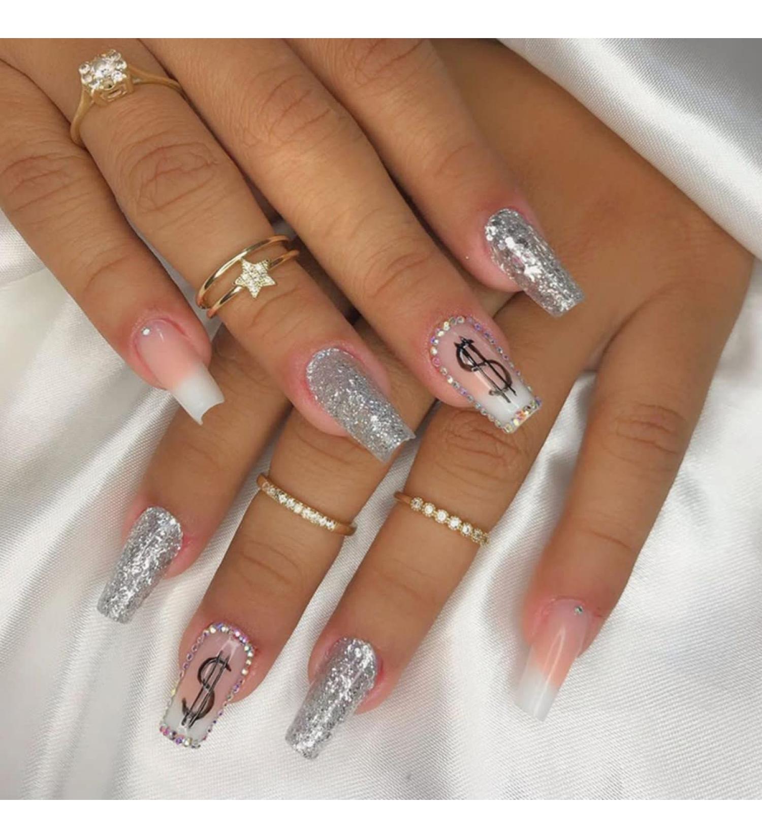 24 Pcs Silvery Glitter False Nails with Jewels - Milky White French Press on Nails for Women | Acrylic Coffin Fake Nails Medium with Glue for Nail Art - Buy Online on GoSupps.com