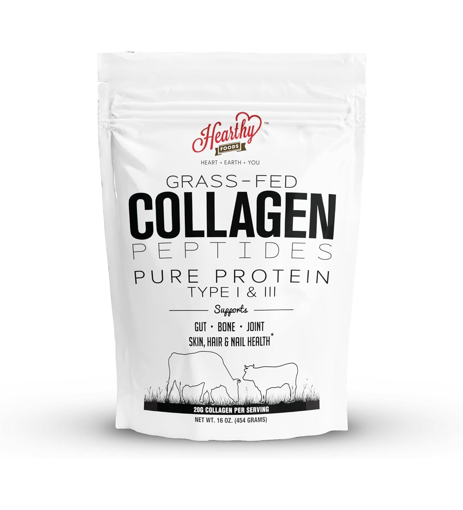 HEARTHY FOODS Collagen Powder - 18g Protein - Pure Halal Collagen Peptides Grass Fed Organic Hydrolyzed Powder | Type I and III Unflavoured Keto Friendly Gluten Free No Sugar Non GMO 16 Oz - Buy Online on GoSupps.com