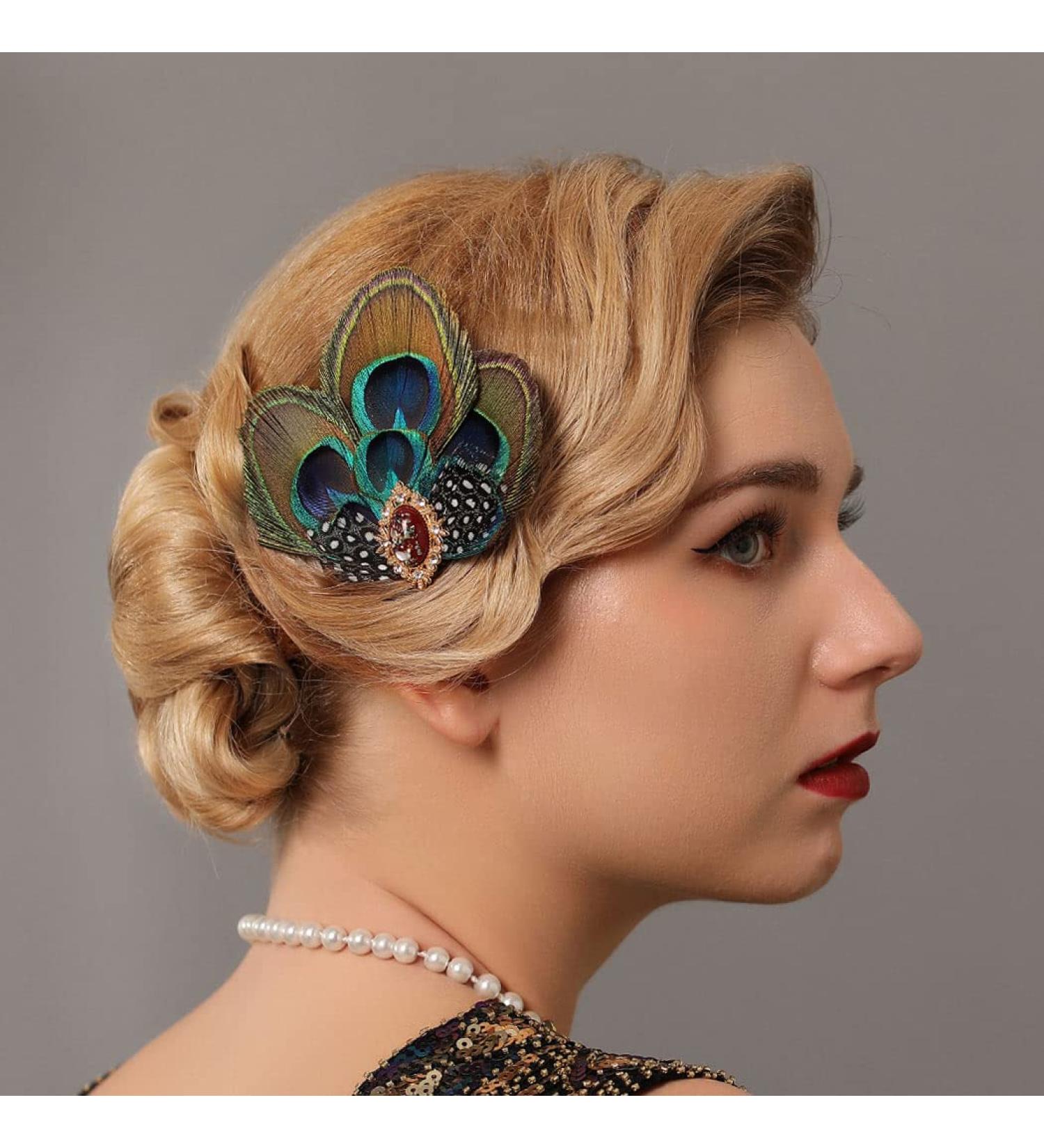 Asooll Peacock Feather Hair Clip - 1920s Flapper Headpiece with Red Crystal - Festival Costume Hair Accessories for Women - Buy Online on GoSupps.com
