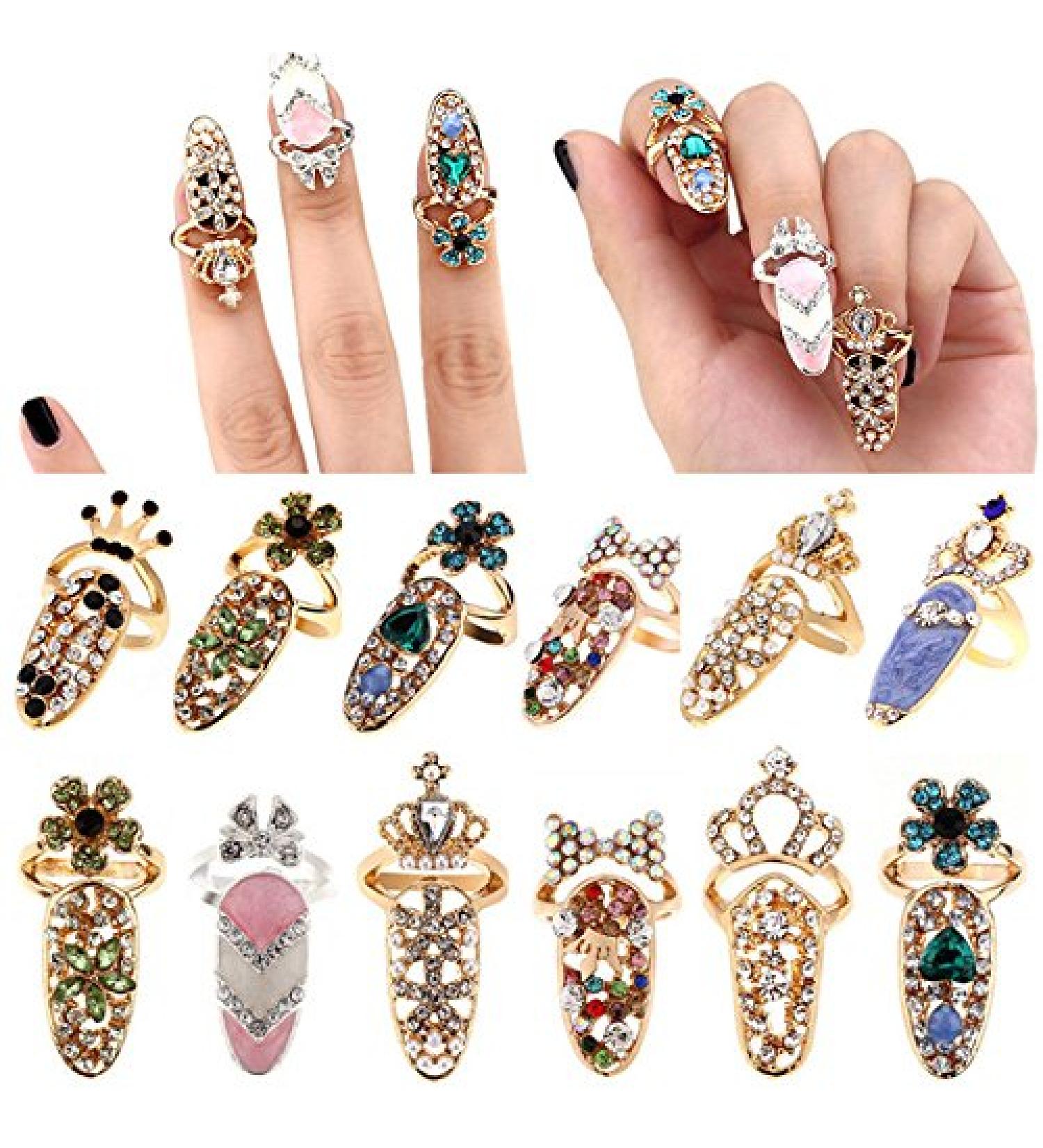 12pcs Women Fashion Bowknot Nail Ring Set - Crown Flower Crystal Finger Nail Charms - Buy Online on GoSupps.com