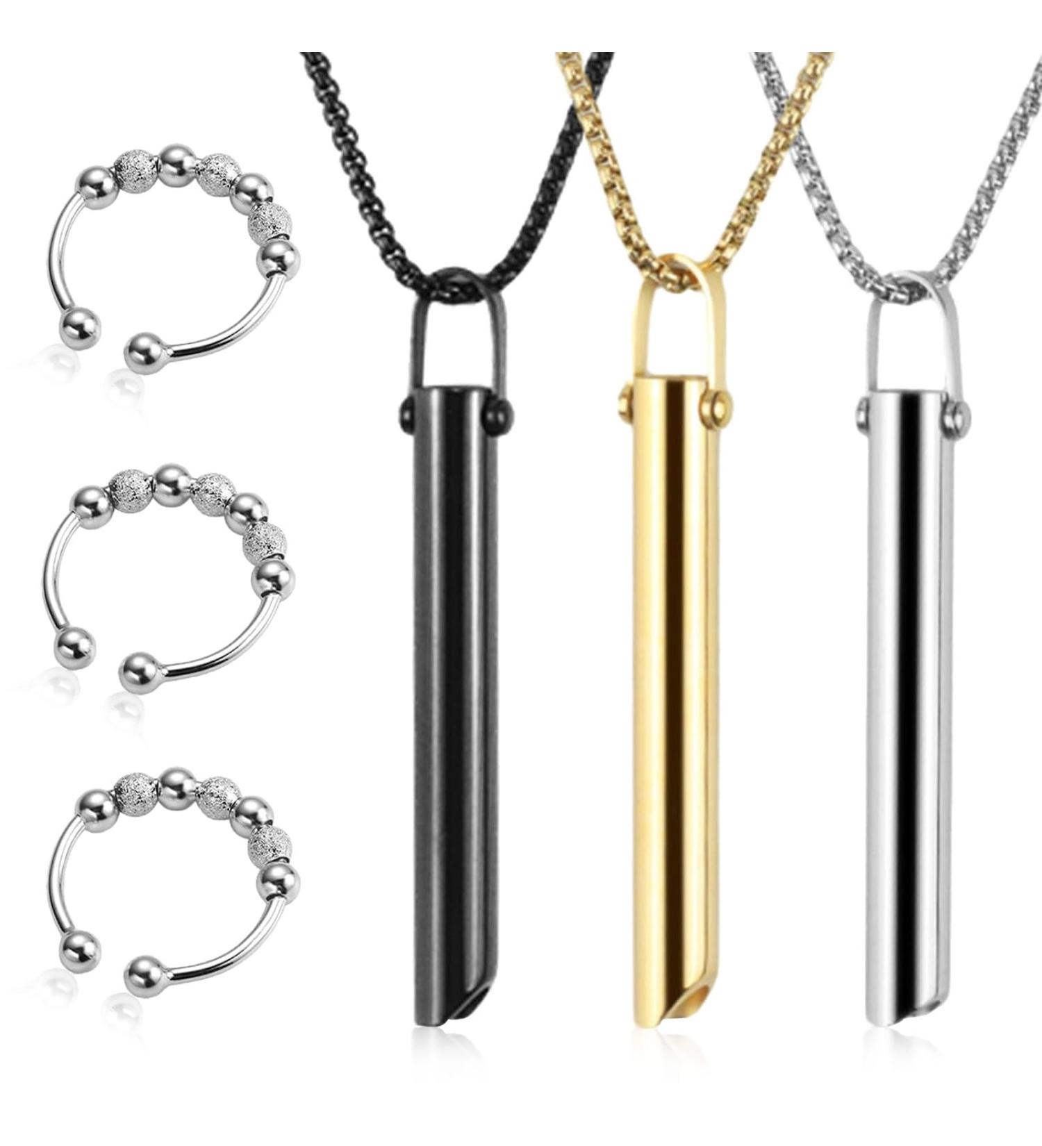 wimony Stress Relief Anxiety Necklace Portable Stainless Steel Mindful Breathing Necklace for Breathing Exercises Meditation 6 Pcs Whistle Necklace and Beads Ring Birthday Gifts for Men and Women - Buy Online on GoSupps.com