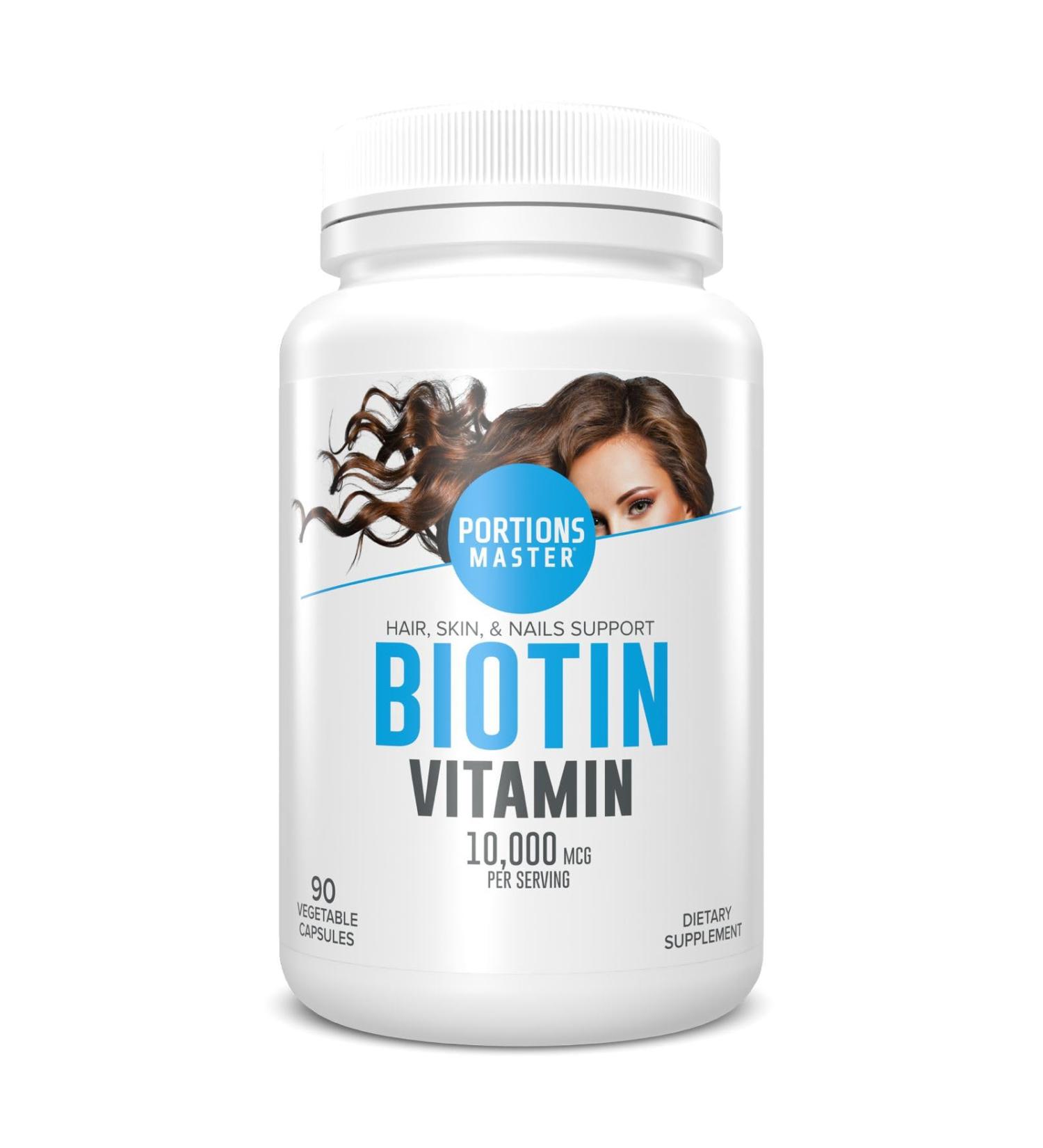 Portions Master Biotin 10,000 mcg, Supports Hair Growth, Strong Nails & Healthy Skin,Non-GMO, Gluten-Free, Dairy-Free,Beauty & Wellness Supplement (90 Vegetable Capsules) - Buy Online on GoSupps.com