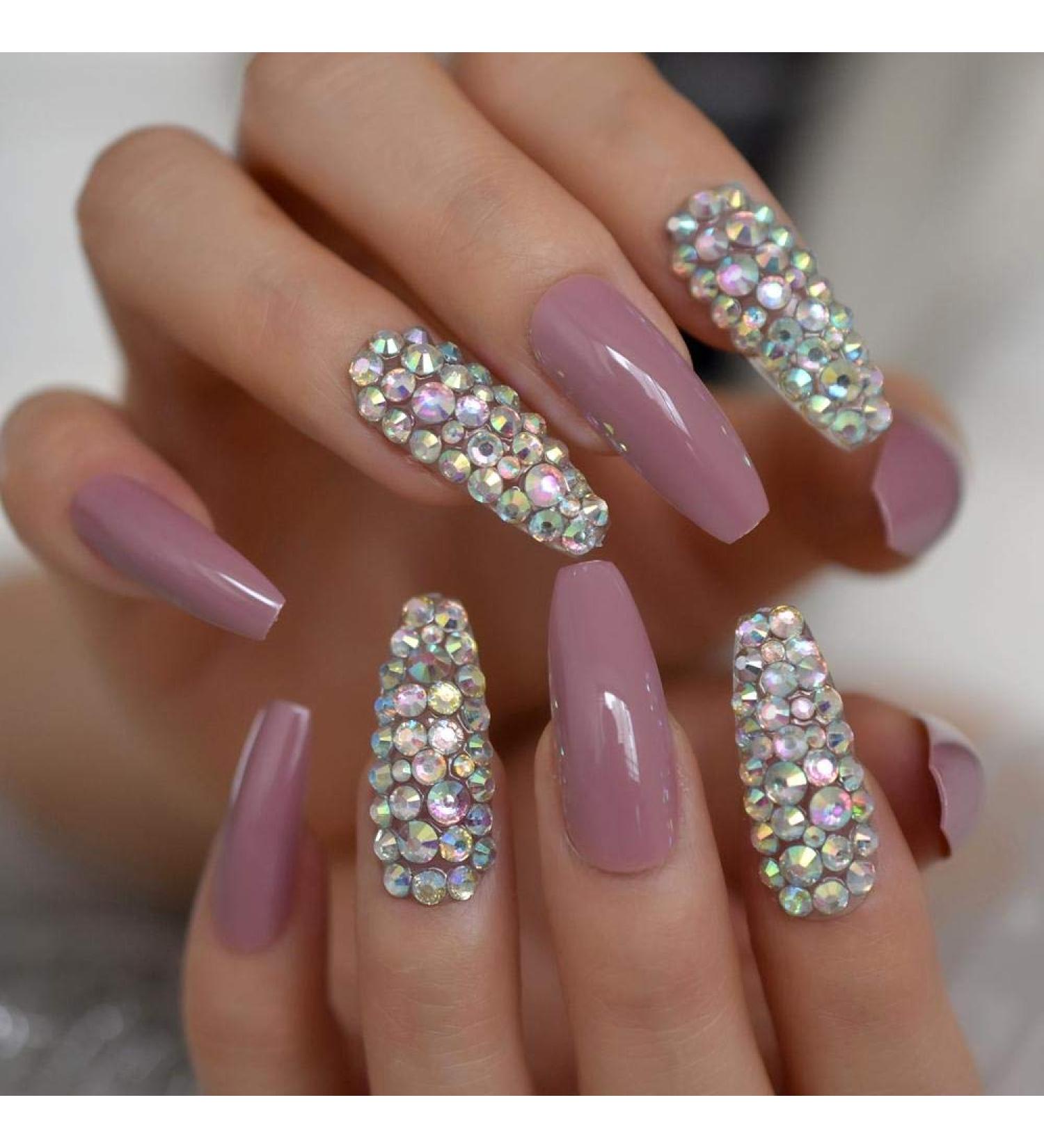 HUJL 3D AB Gem Super Long Ballerina Coffin Nail Extensions - Shiny Pink/Purple Artificial Nails for Stunning Manicures | International Shipping - Buy Online on GoSupps.com