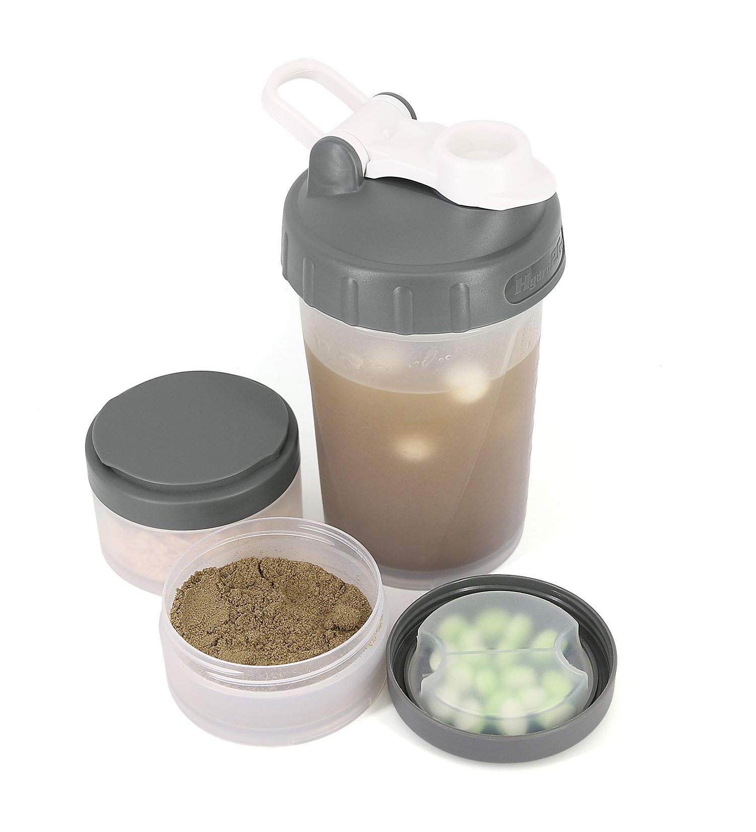 Hydro2Go 16 oz Protein Shaker Bottle with Mixer Ball and 2 Storage Jars - BPA-Free, Leak Proof Sports Bottle for Pills, Snacks, Coffee & Tea - Buy Online on GoSupps.com