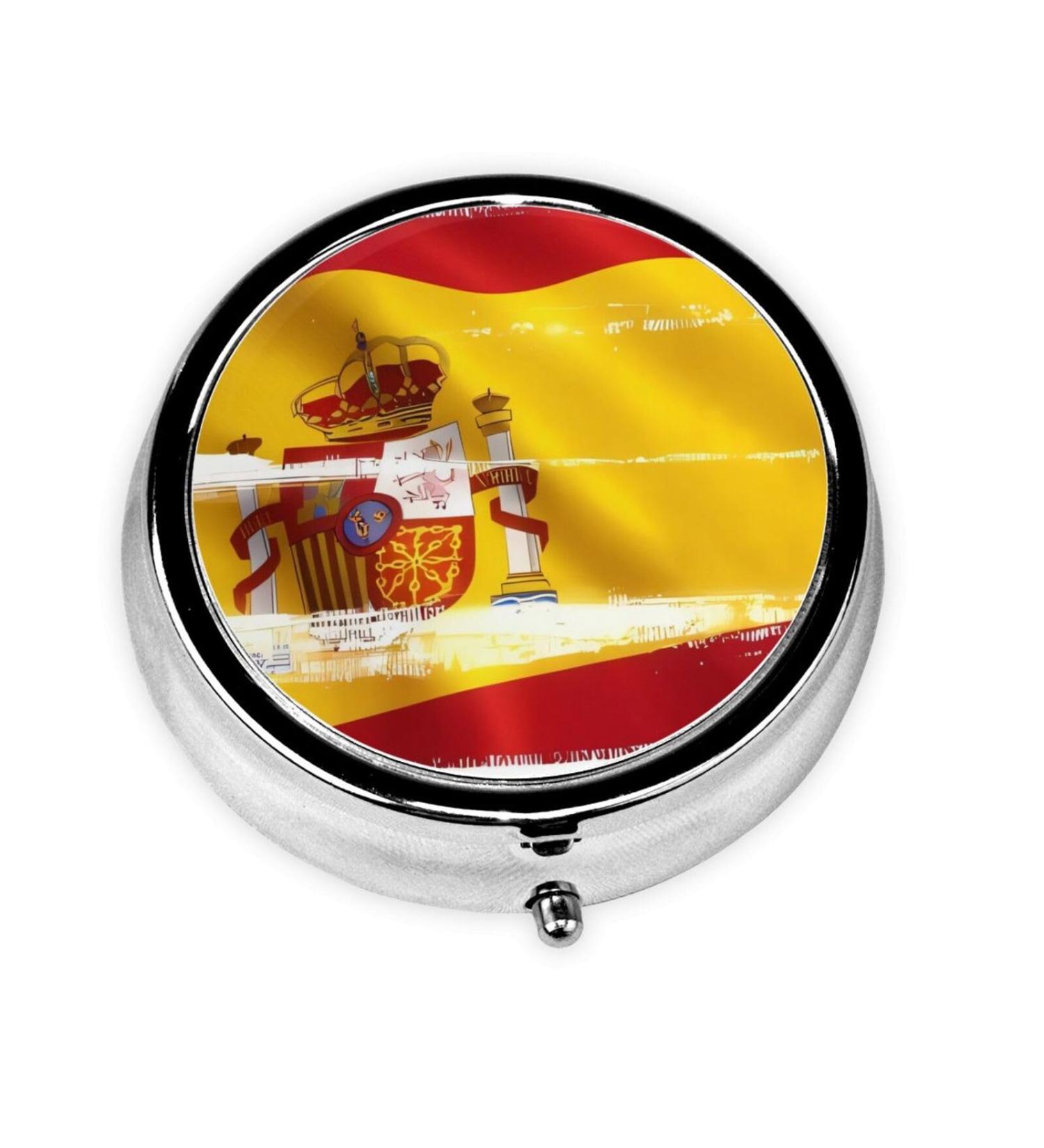 Spain Flag Portable Metal Pill Box - 3-Compartment Travel Organizer for Small Pills - Hinged Fastening Design - Buy Online on GoSupps.com