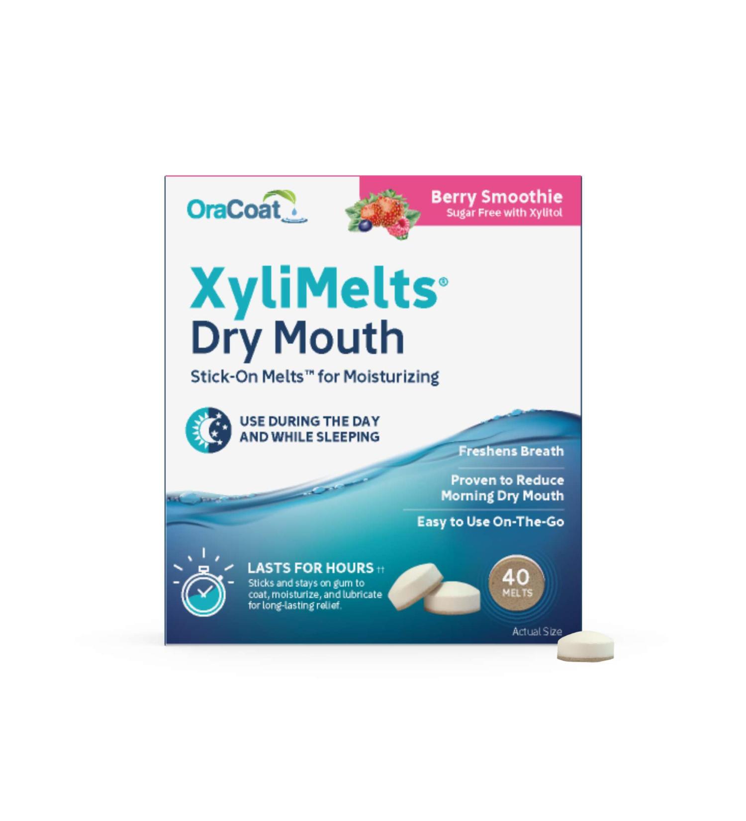 Oracoat XyliMelts for Dry Mouth Night Time or Day - Moisturizing Dry Mouth Adhering Discs Sugar Free with Xylitol 40 Count Berry Smoothie Flavor 8-Hour Relief Berry 40 Count (Pack of 1) - Buy Online on GoSupps.com