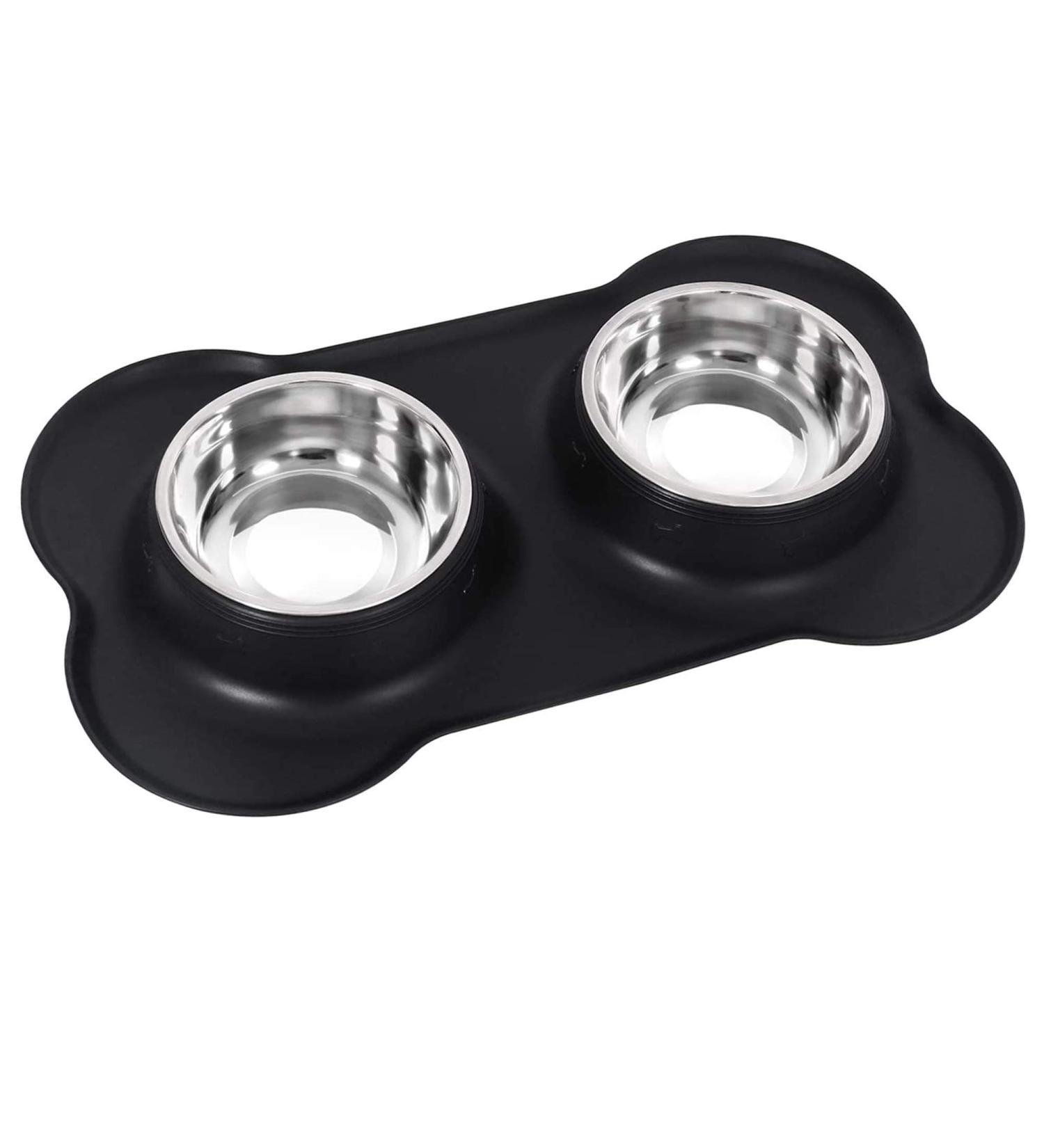 Stainless Steel Double Dog Bowl Set with Silicone Mat - No-Spill, No-Skid Pet Feeder for Small to Medium Dogs and Cats - Black - Buy Online on GoSupps.com