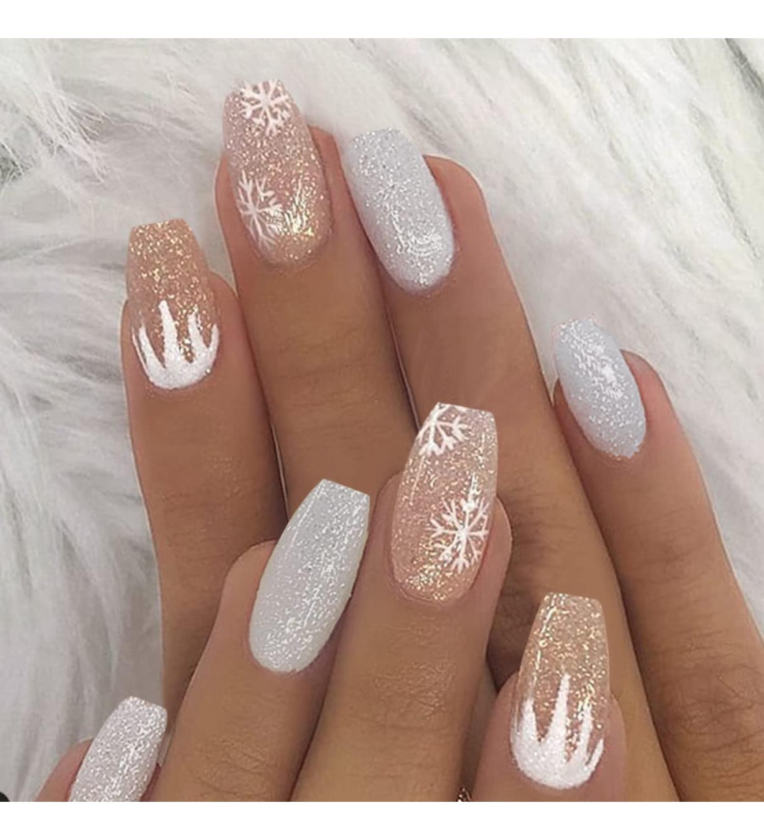 Sethexy Medium White Ballerina Sparkle False Nails - 24 Glossy Coffin Acrylic Nail Tips with Glue for Women & Girls - Buy Online on GoSupps.com