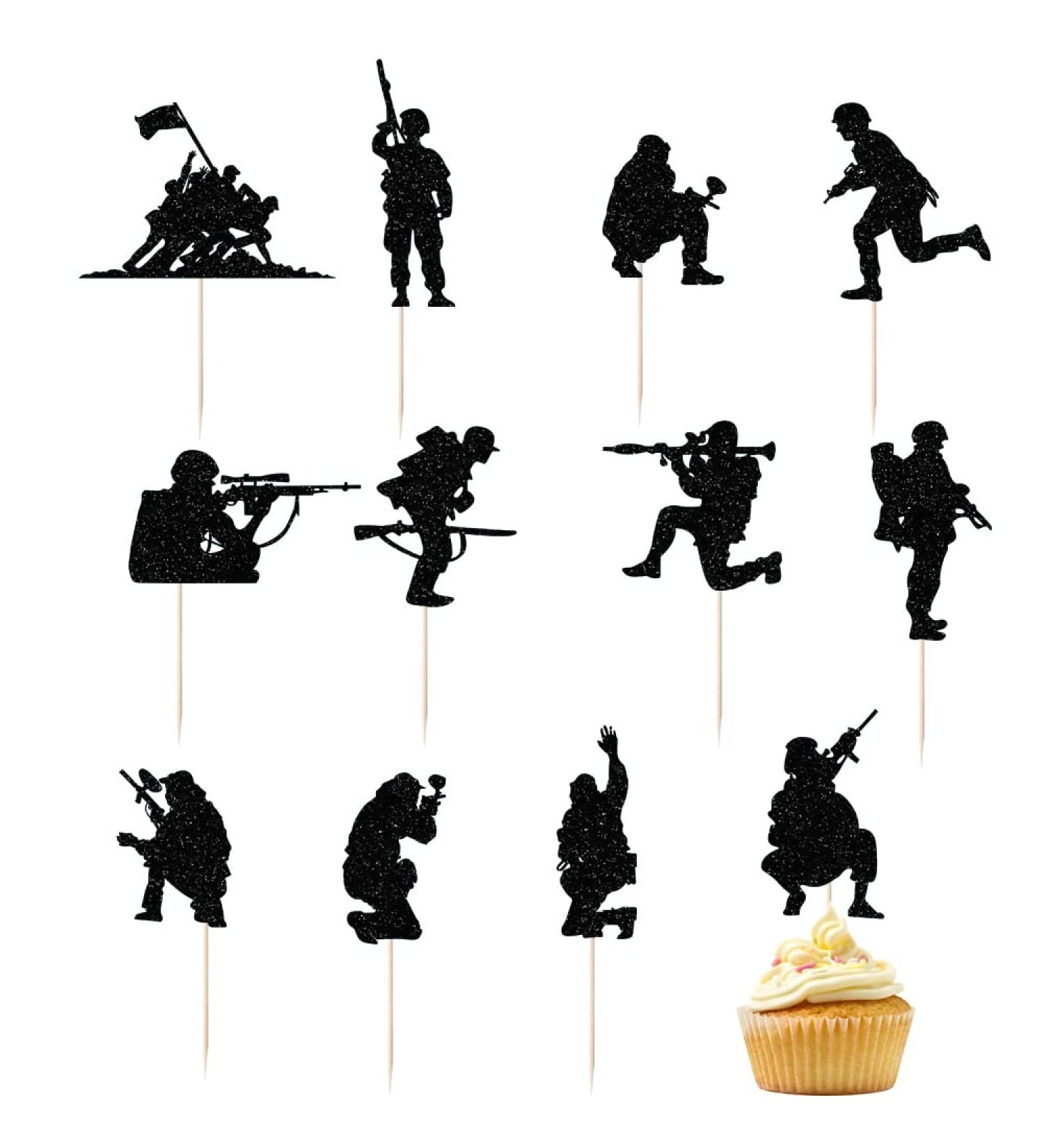 Military Themed Soldier Cake Toppers - 12 Pieces Paper Cups Black Glitter Soldier's Day Veterans Men's Birthday Navy Army Special Forces Decorations - Buy Online on GoSupps.com