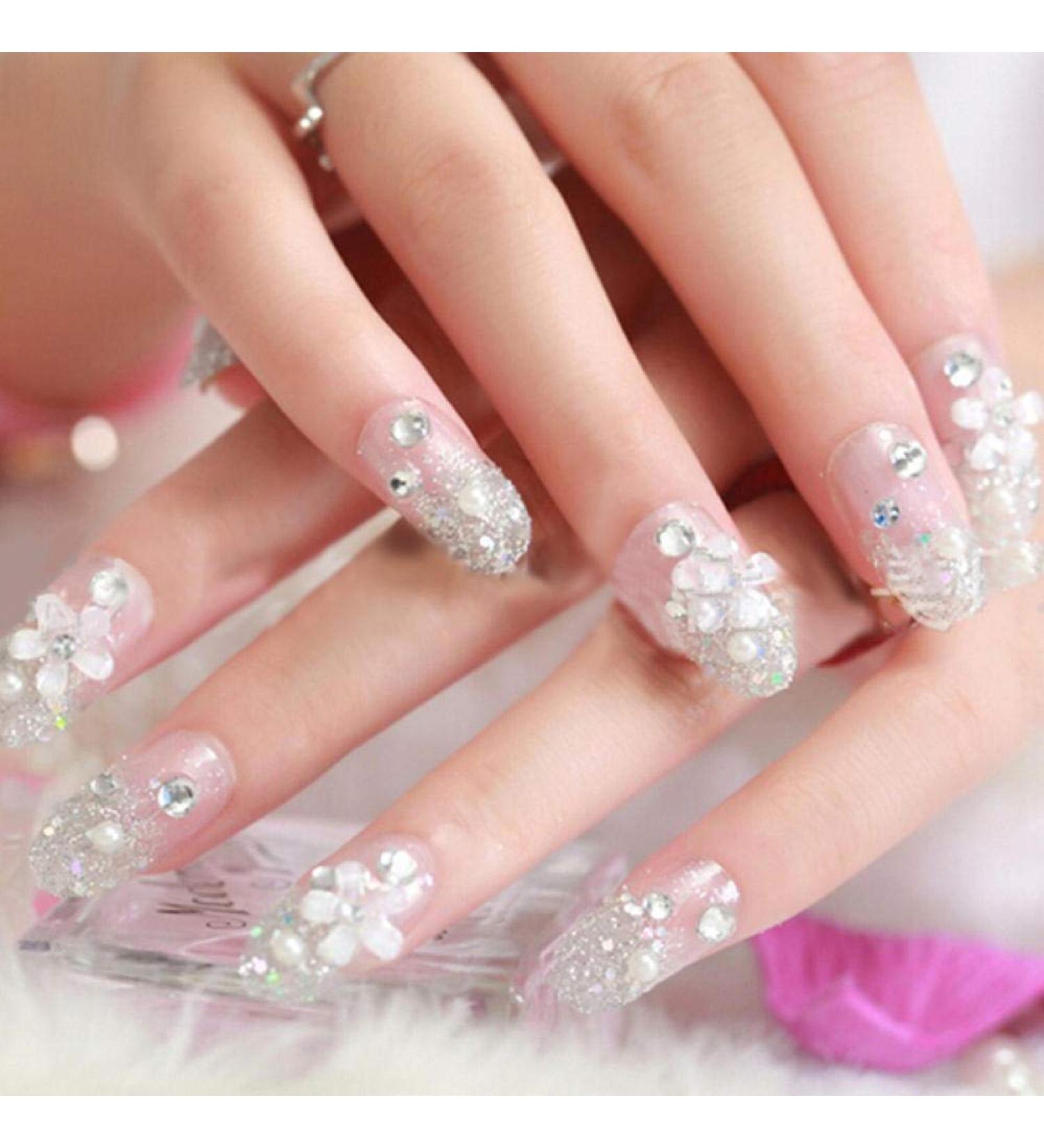 Shop Hujl 24pcs Shiny Silver Crystal 3D Rhinestone Artificial Nails - Perfect Wedding Tips for Brides | Press-On Fake Nails for Women - Buy Online on GoSupps.com