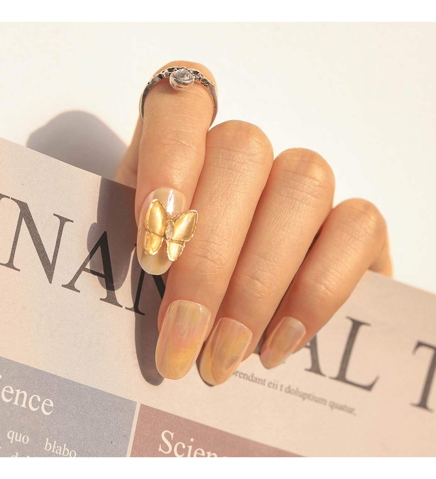 Sethexy Shiny Oval Medium False Nails - Sparkle Butterfly Press-On Nails | 24 Gold Bling Acrylic Nail Tips for Women & Girls - Buy Online on GoSupps.com