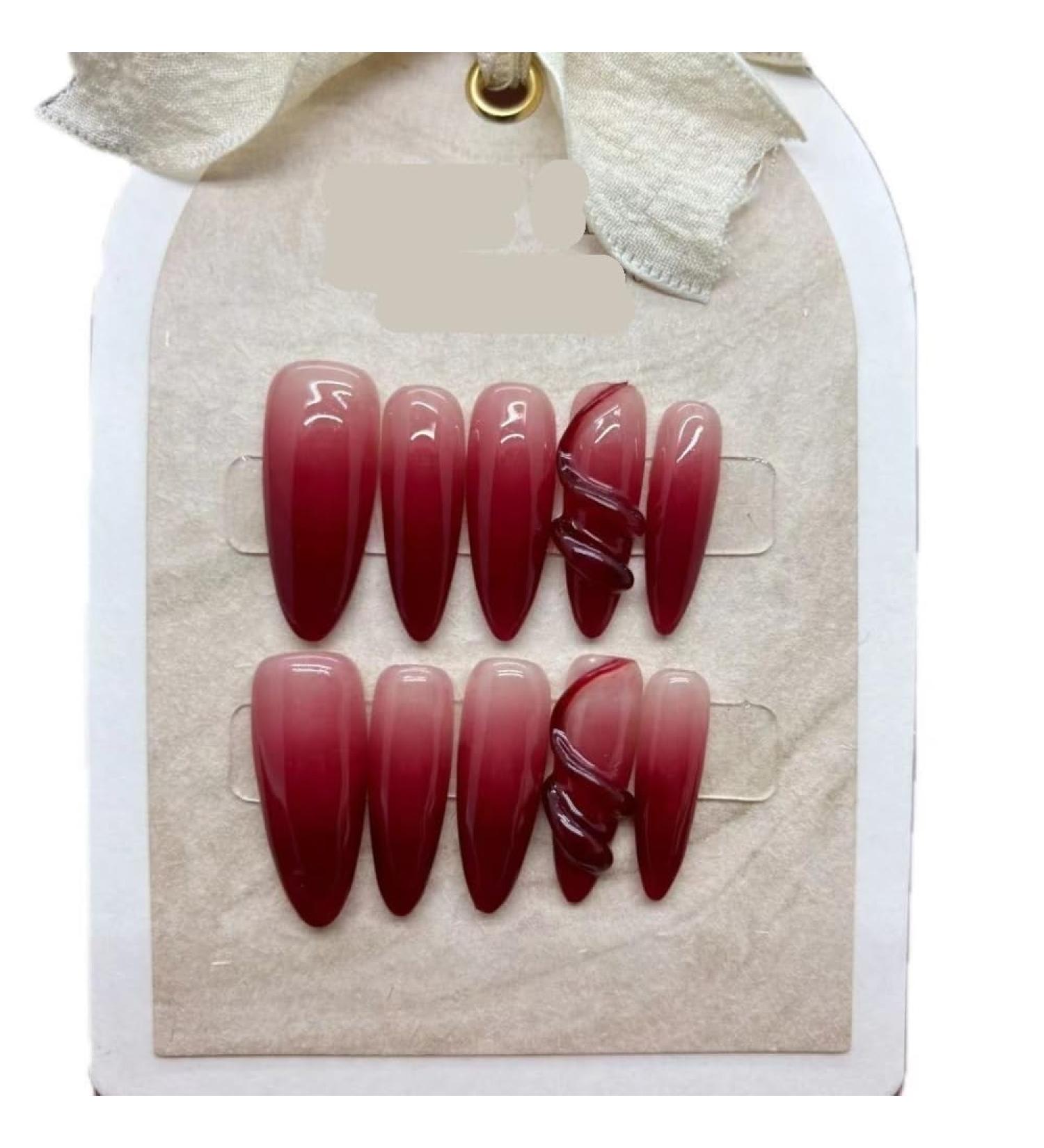 Handmade Wearing Armor with Ice Permeating Cherry Color Gradient Relief Small Snake Detachable False Nails (Size : S)