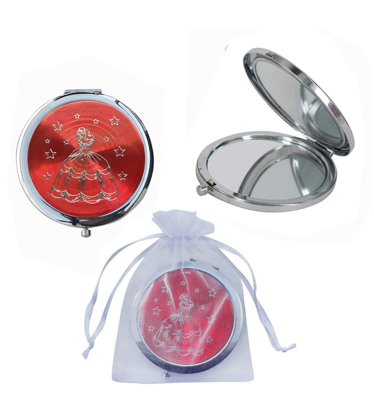 12 PCS Quinceanera Red Compact Round Hand Mirror Sweet 15 Princess Design with Organza Gift Bag Girl