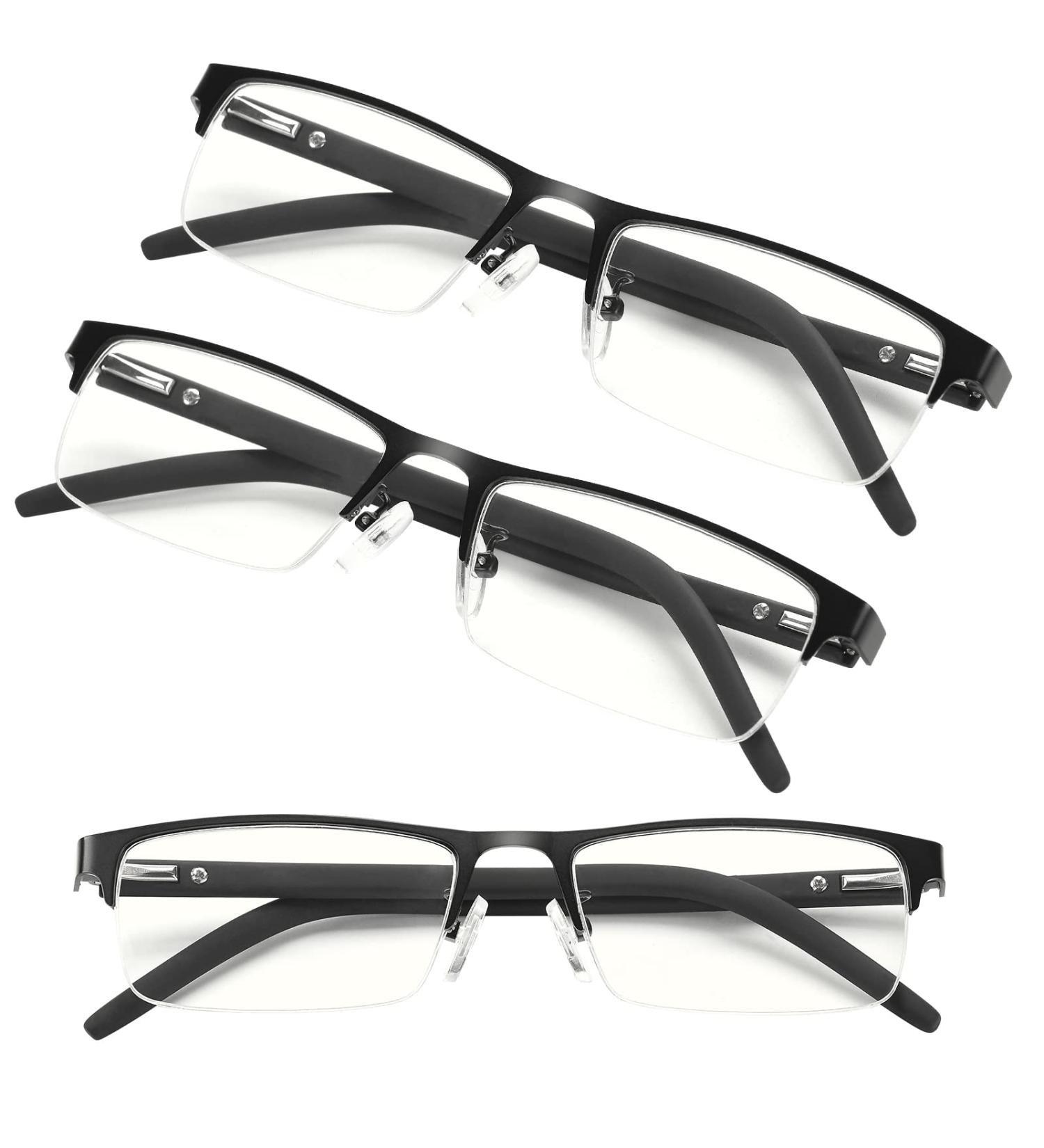 Anourney 3-Pack Men's Lightweight Metal Half-Frame Blue Light Blocking Reading Glasses 1.25x - Black - Buy Online on GoSupps.com