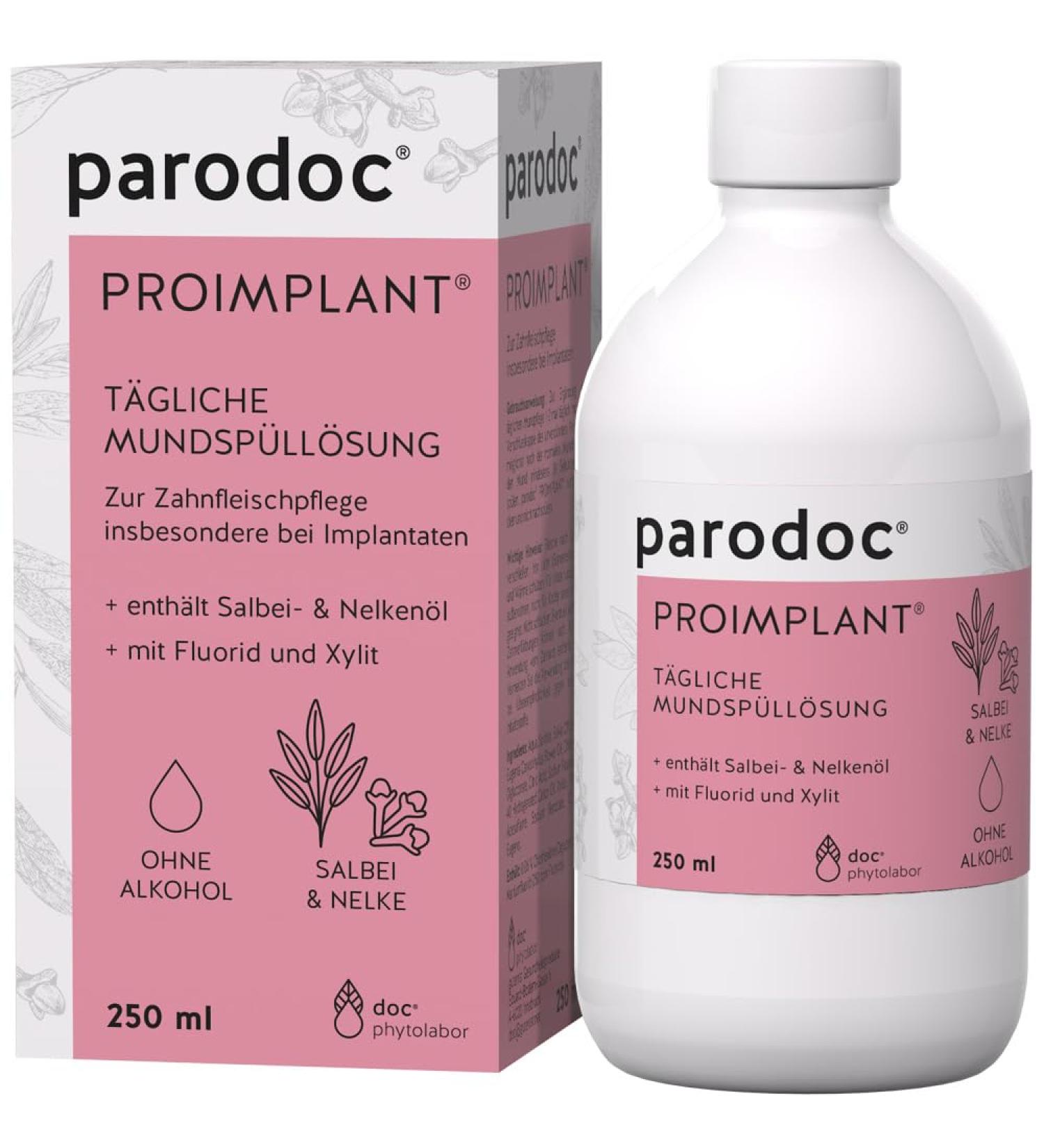  doc phytolabor Parodoc ProImplant Pack of 3 x 250ml Bottles of Daily Mouth Rinse Solution Gum Care for Implants Sage Oil Clove Oil With Fluoride - Buy Online on GoSupps.com