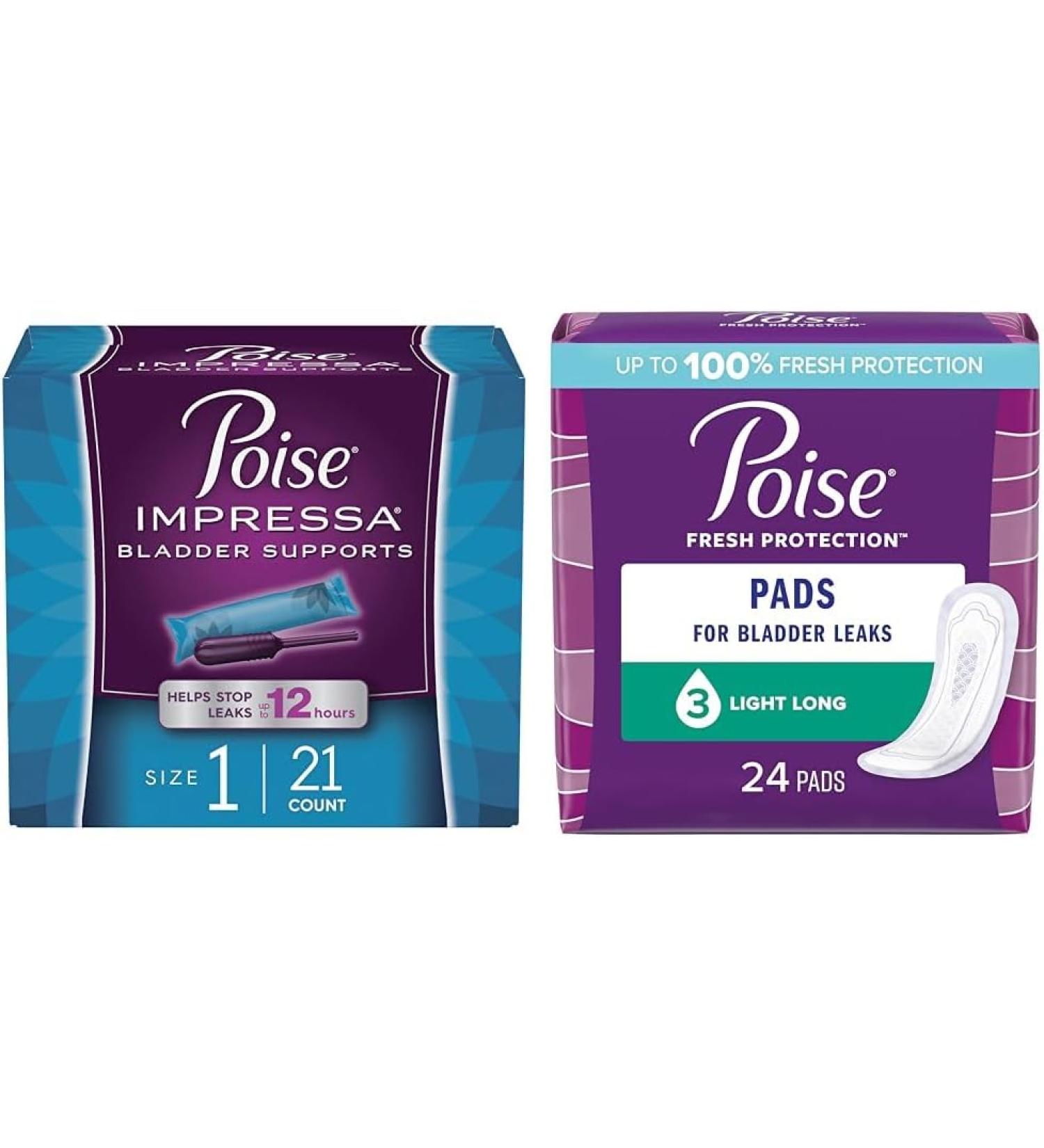 Poise Impressa Incontinence Bladder Supports for Bladder Control, Size 1, 21 Count & Incontinence Pads, Light Absorbency, Long, 24 Count - Buy Online on GoSupps.com