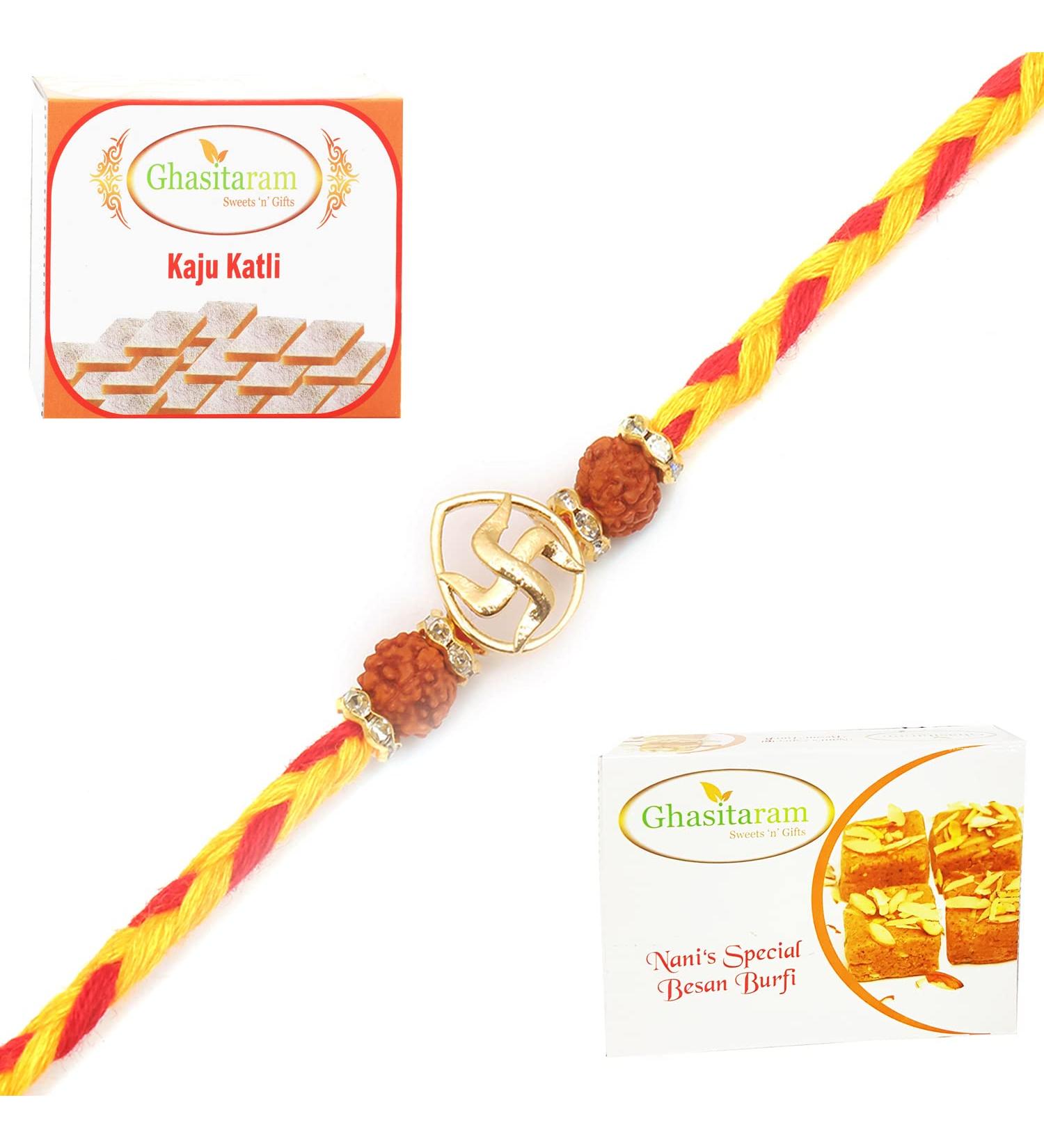 Ghasitaram Gifts Rakhi for Brother Rakhis Online - RM605 - Swastik Rudraksh Bracelet Rakhi with 200 GMS of Besan Barfi and 200 GMS of Kaju Katli Rakhi Set with 200 gms of Besan Barfi & Kaju Katli - Buy Online on GoSupps.com