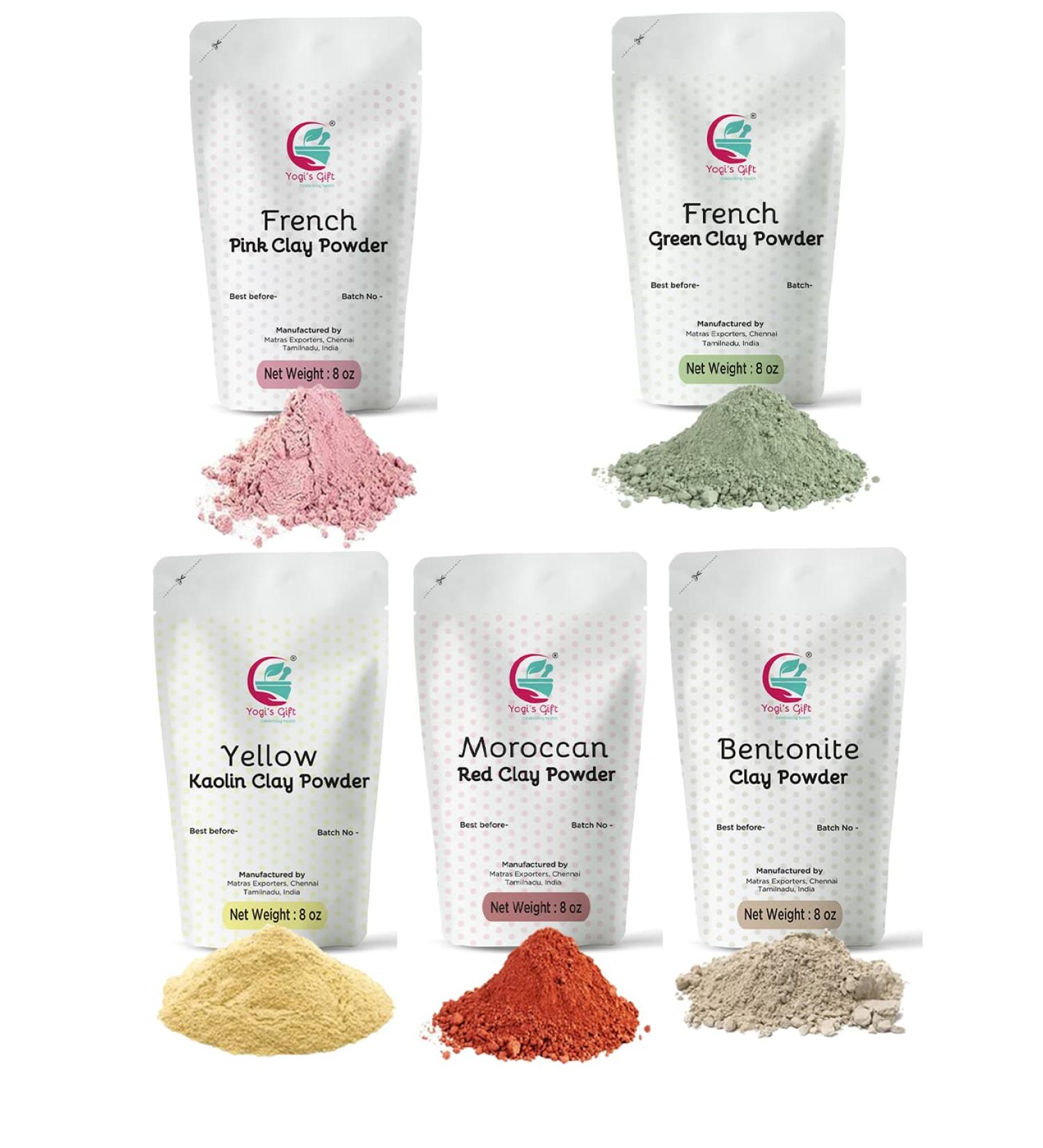 Yogi's Gift Pack of 5 Clays for Mask and Soap Making - Rose, French Green, Kaolin, Moroccan Red, Bentonite Clay - 8oz Each - Best Variety Pack for DIY Projects - Buy Online on GoSupps.com