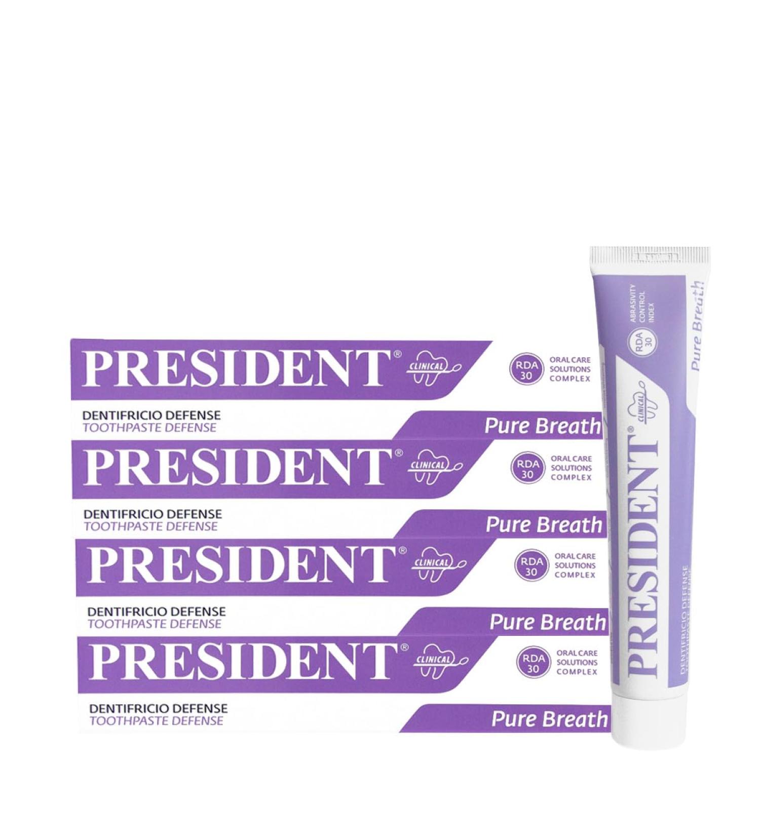  President President 4 x DENTIFRICE DEFENSE Antiplaque Antibacterial Antihalitosis. Ideal for contracting bad breath and as maintenance after shock treatments with chlorhexidine RDA 30. 4x75 ml - Buy Online on GoSupps.com