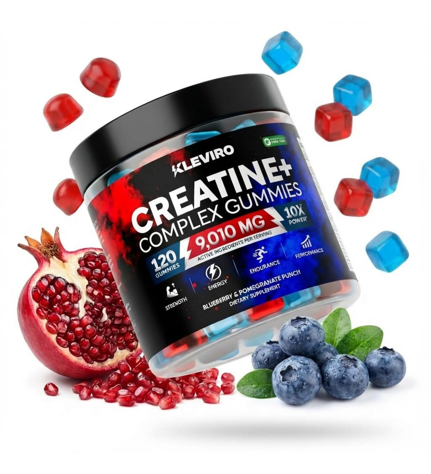 KLEVIRO Creatine Monohydrate Gummies - Blueberry & Pomegranate Creatine for Women and Men - Supplement Supports Muscle Gain Energy Pre and Post Workout Focus & Cognition Recovery - Buy Online on GoSupps.com