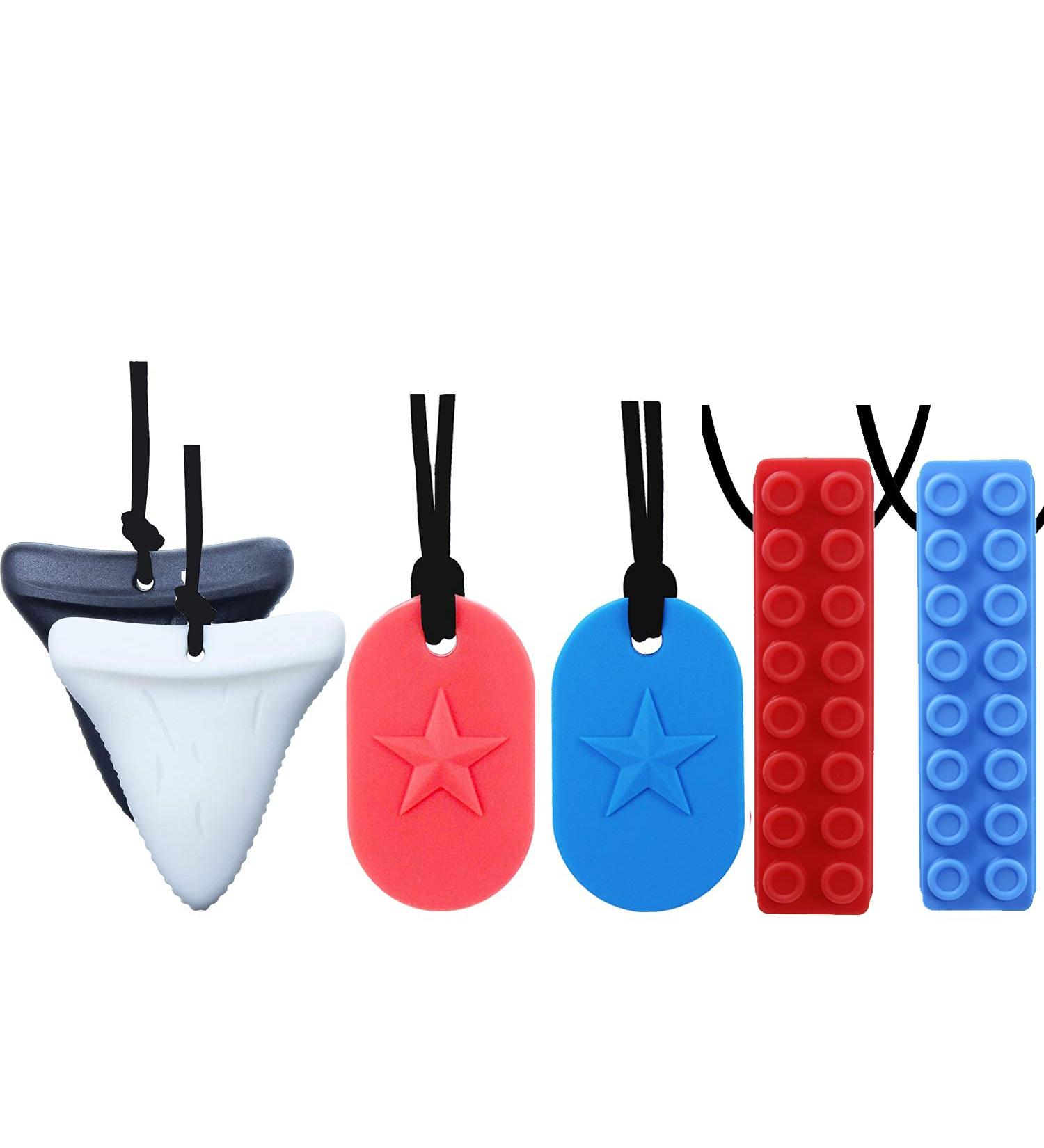 GNAWRISHING Chew Necklace 6-Pack - Dog Tag Shark and Building Block Design - Ideal for Autistic ADHD SPD Oral Motor Kids (Durable) - Buy Online on GoSupps.com