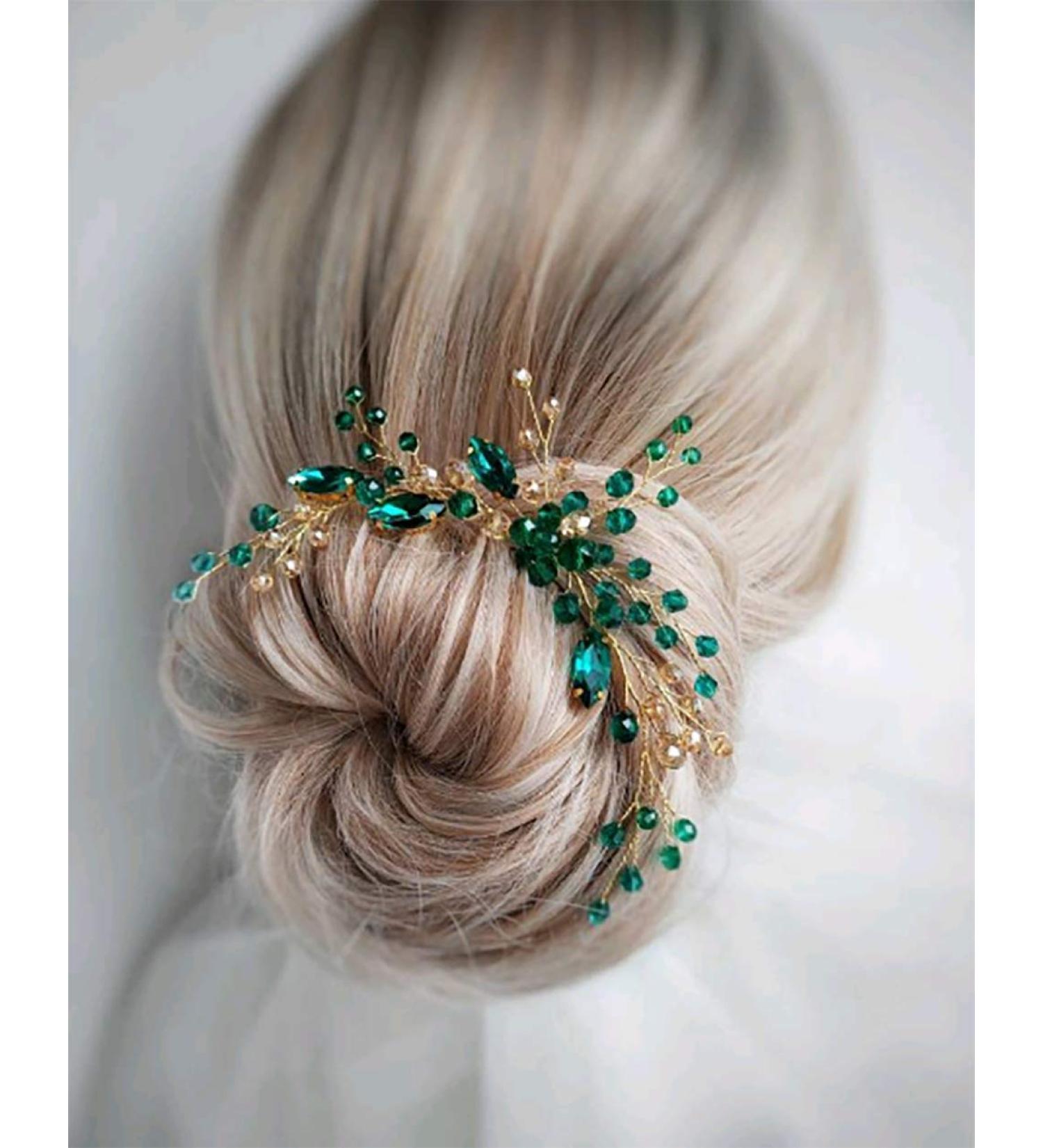 Denifery Emerald Gold Bridal Hair Pin | Green Hair Clip Wedding Accessory - Buy Online on GoSupps.com