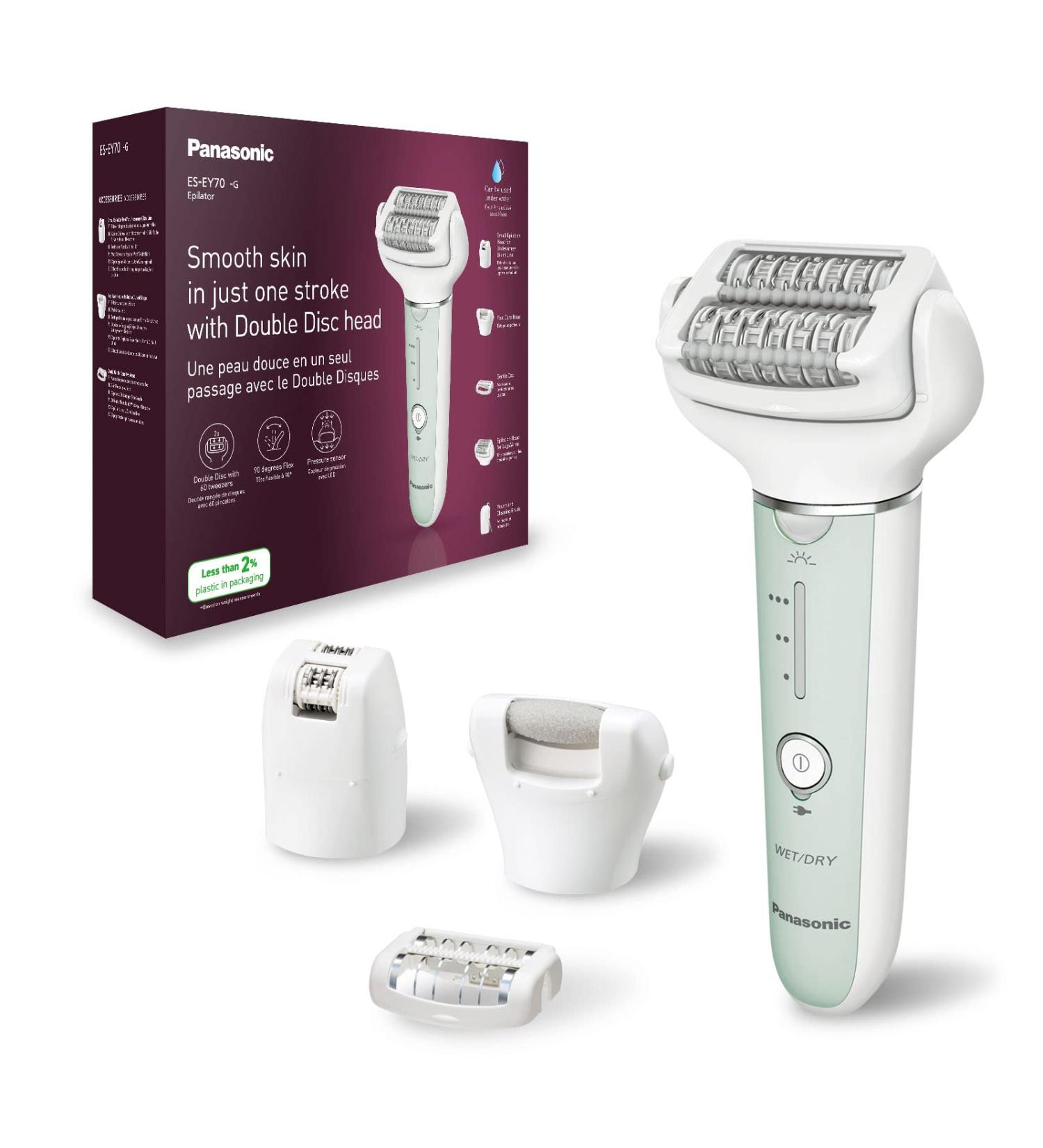 Panasonic ES-EY70-G503 4-in-1 Wet/Dry Epilator | Dual Disc 60 Tweezers 90 Swiveling Head LED Light Wireless Hair Remover & Foot Care Tool - Buy Online on GoSupps.com
